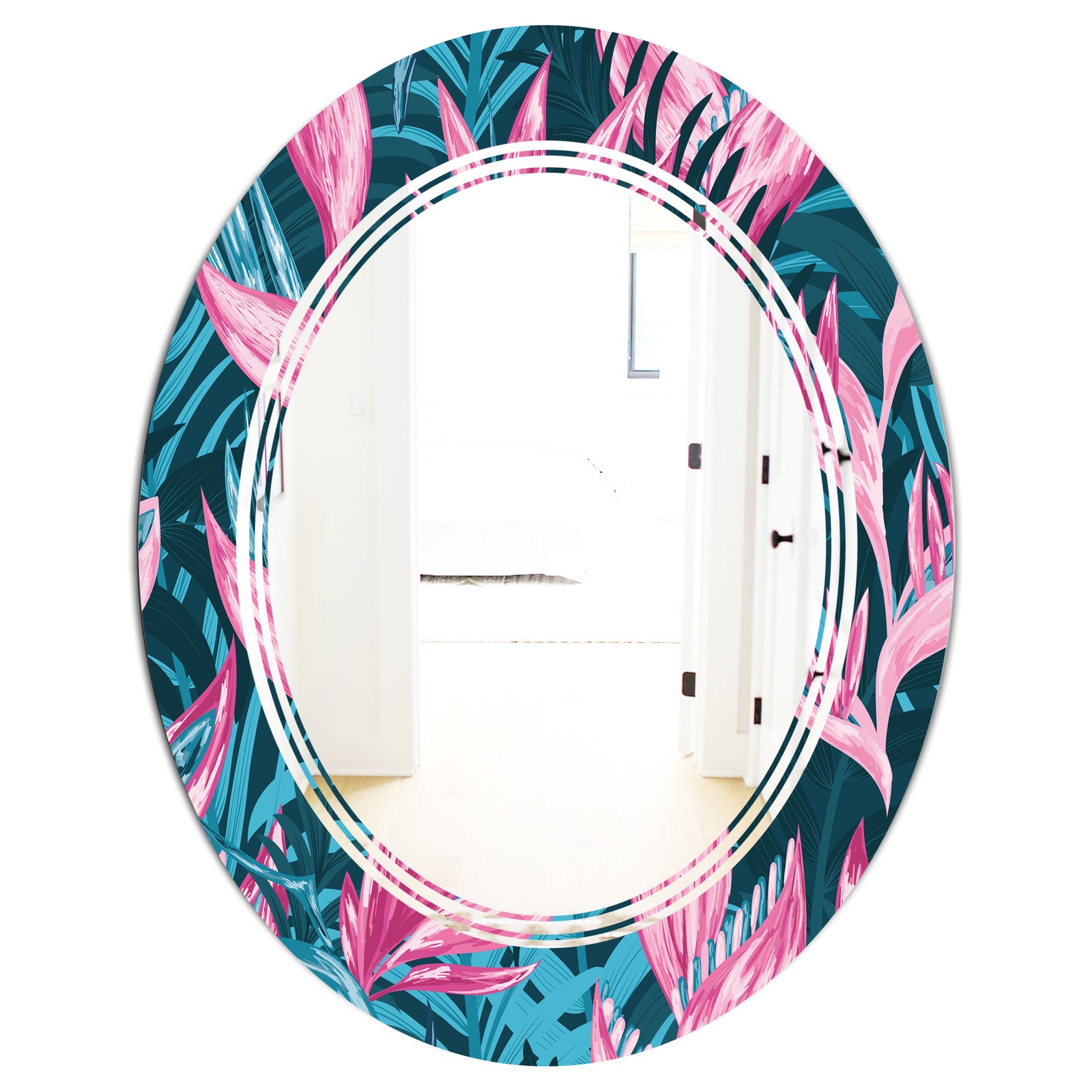 Handdrawn Tropical Flowers - Modern Round or Oval Wall Mirror - Triple C