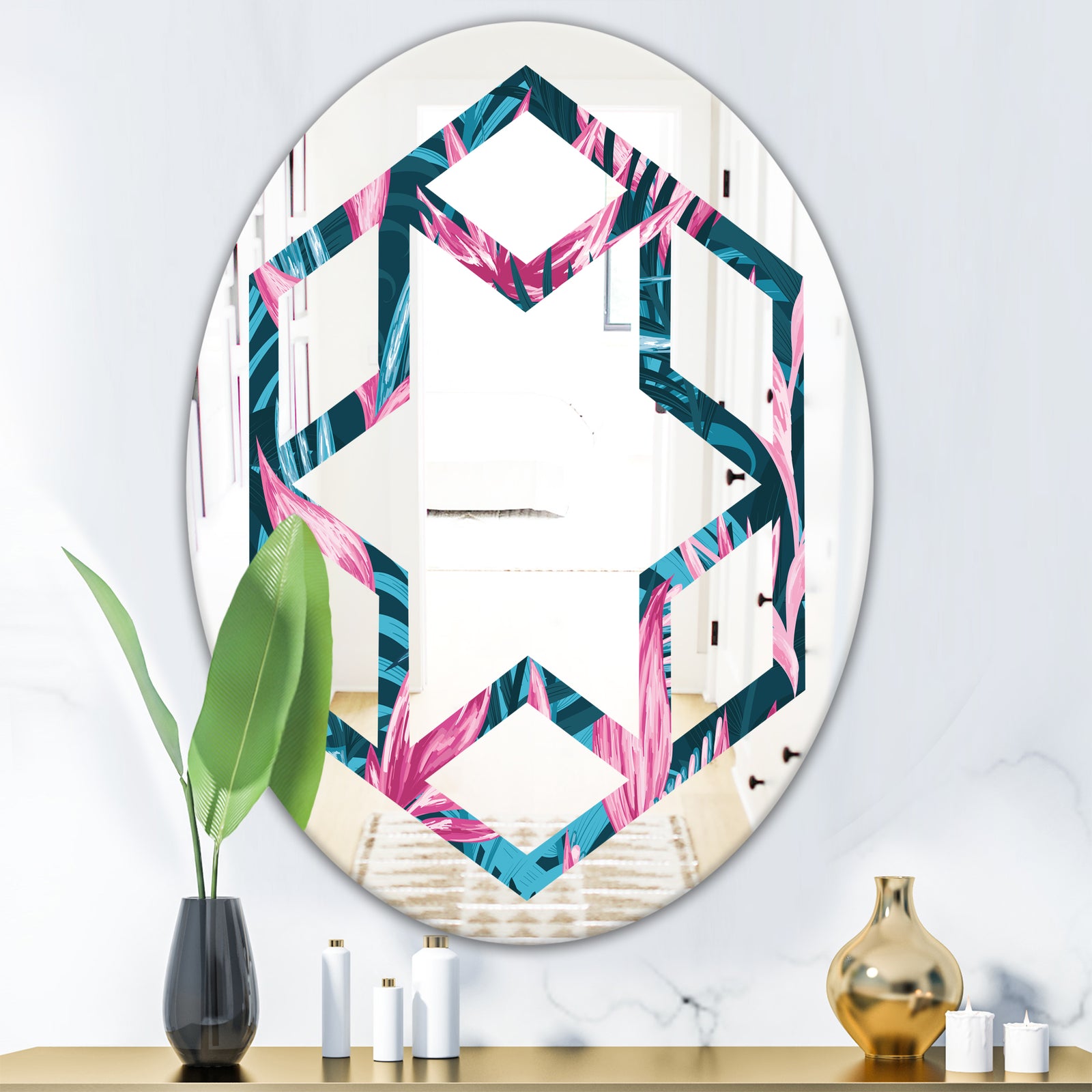 Handdrawn Tropical Flowers - Modern Round or Oval Wall Mirror - Hexagon Star