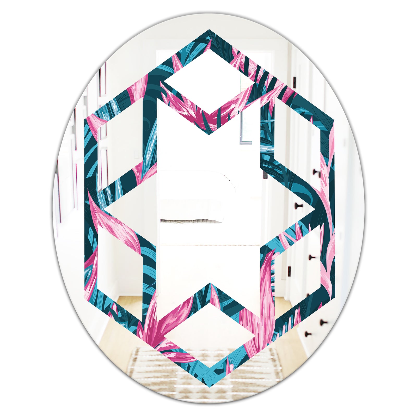 Handdrawn Tropical Flowers - Modern Round or Oval Wall Mirror - Hexagon Star