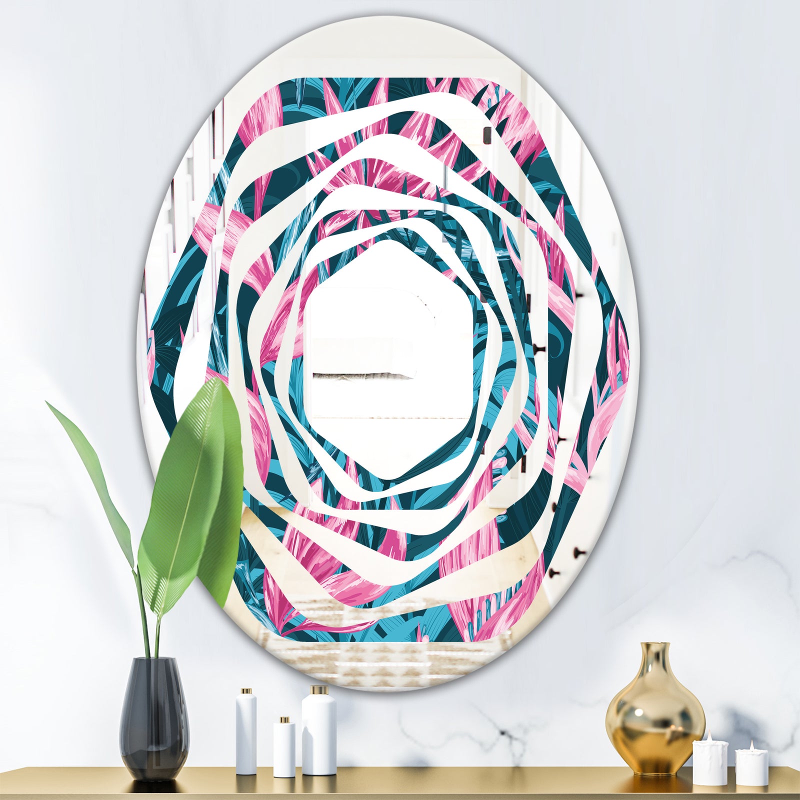 Handdrawn Tropical Flowers - Modern Round or Oval Wall Mirror - Whirl