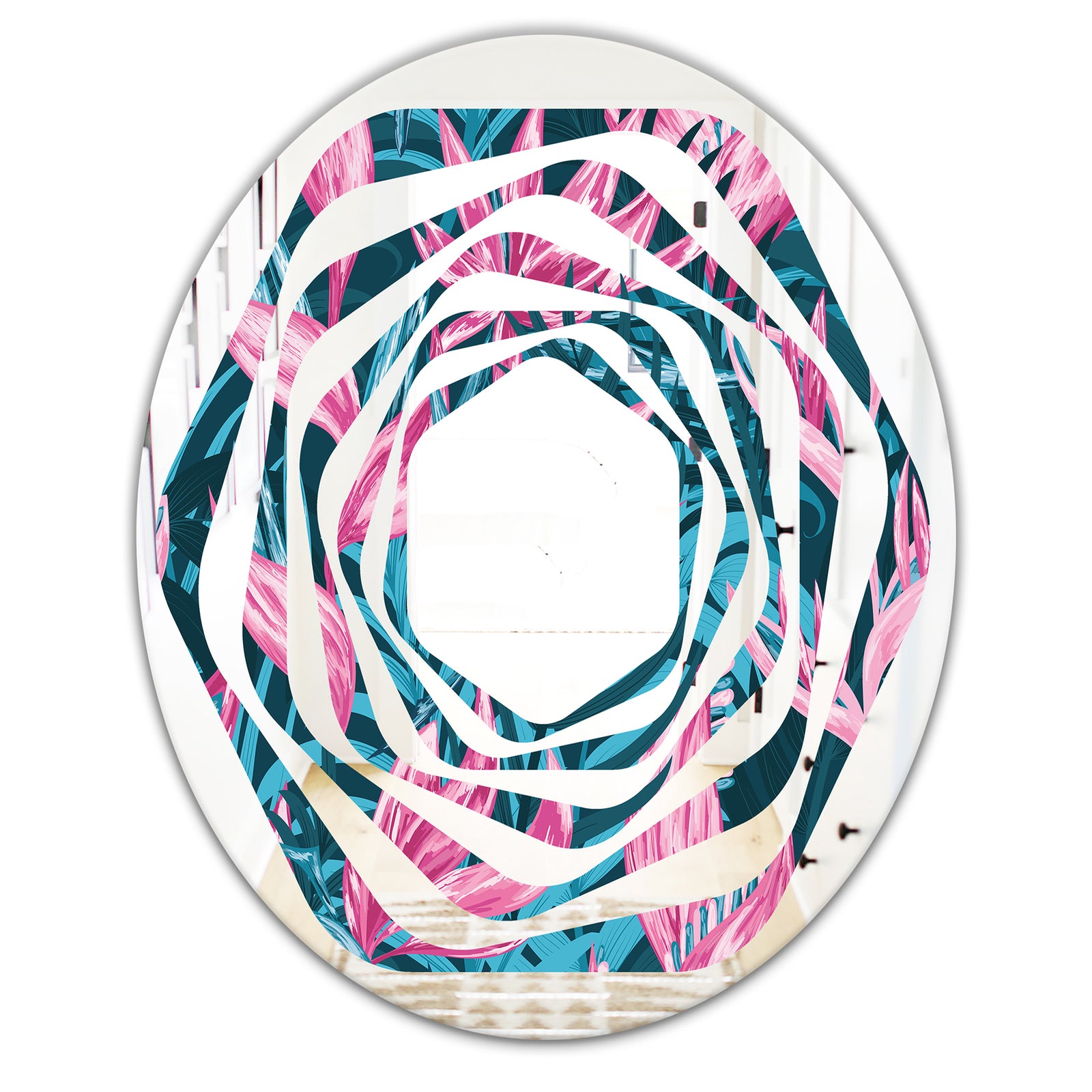 Handdrawn Tropical Flowers - Modern Round or Oval Wall Mirror - Whirl