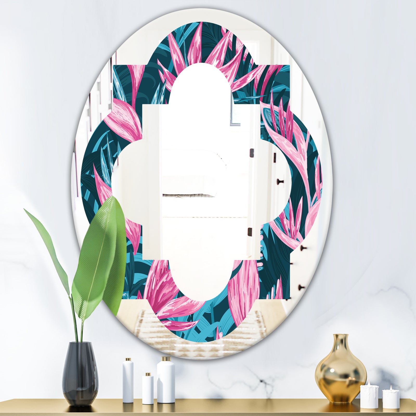 Handdrawn Tropical Flowers - Modern Round or Oval Wall Mirror - Quatrefoil