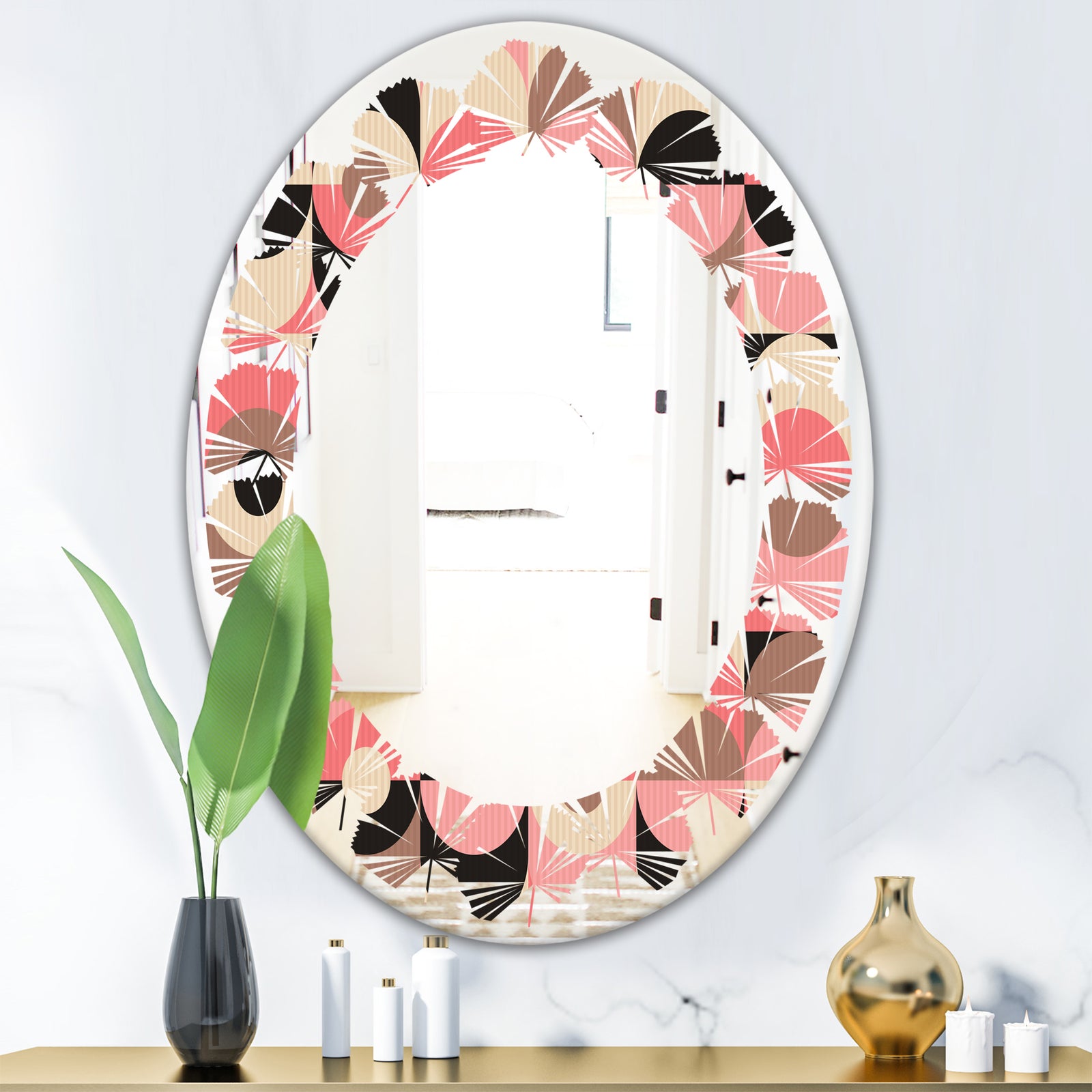 Retro Geometric Design XI - Modern Round or Oval Wall Mirror - Leaves