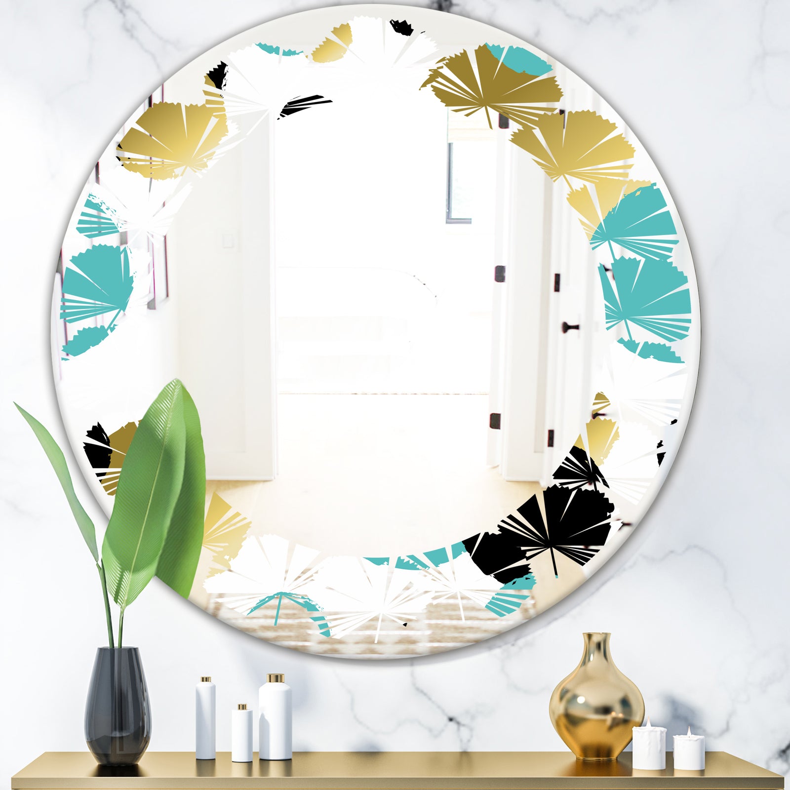 Gold and Blue Circles - Modern Round or Oval Wall Mirror - Leaves