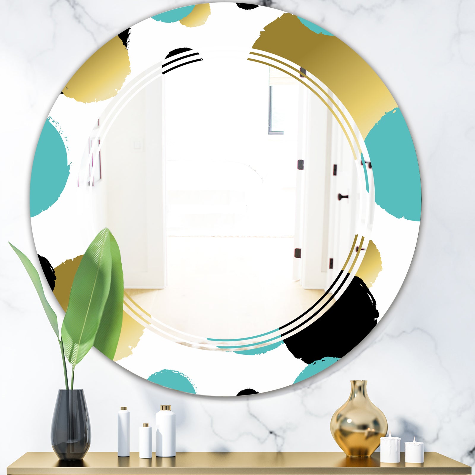 Gold and Blue Circles - Modern Round or Oval Wall Mirror - Triple C
