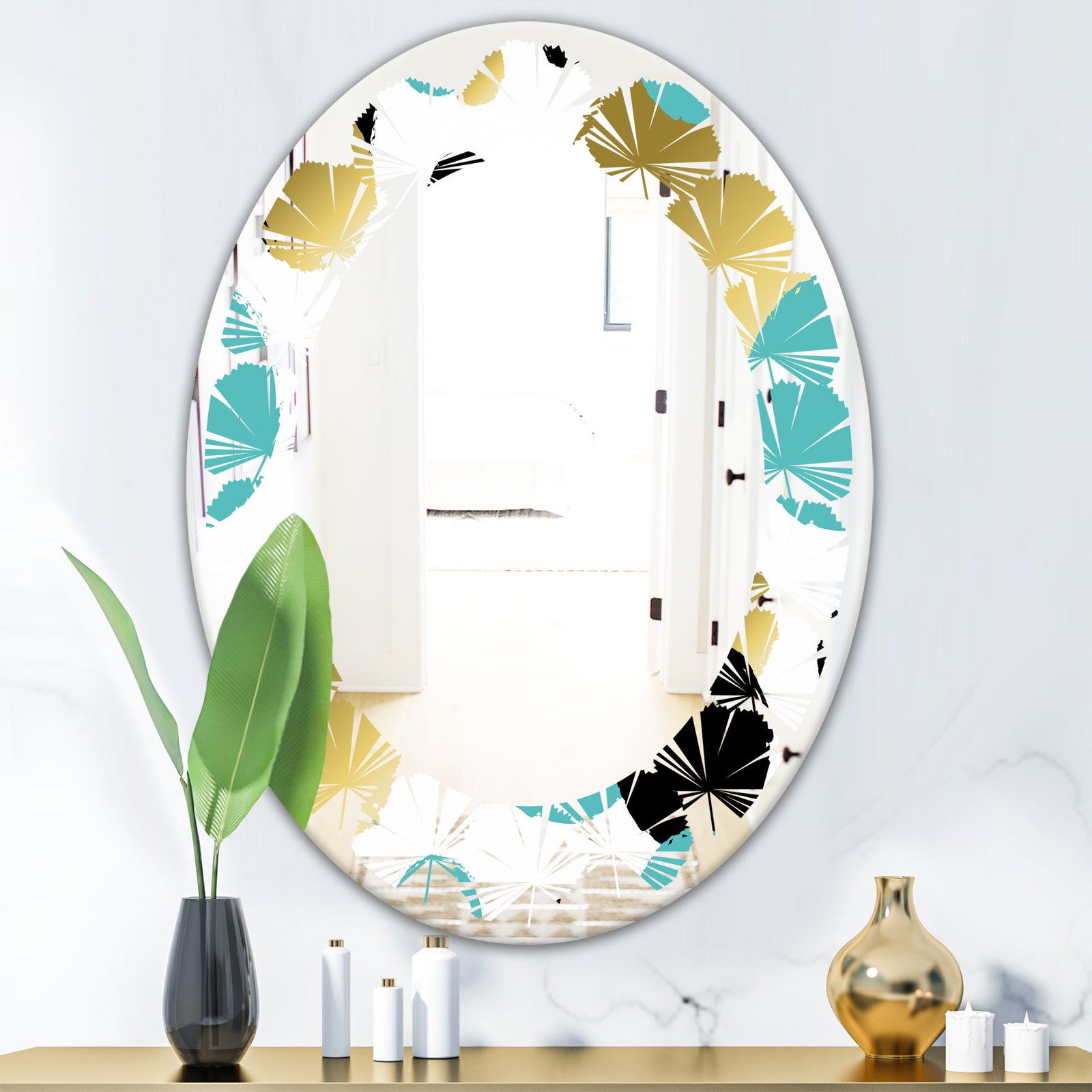 Gold and Blue Circles - Modern Round or Oval Wall Mirror - Leaves