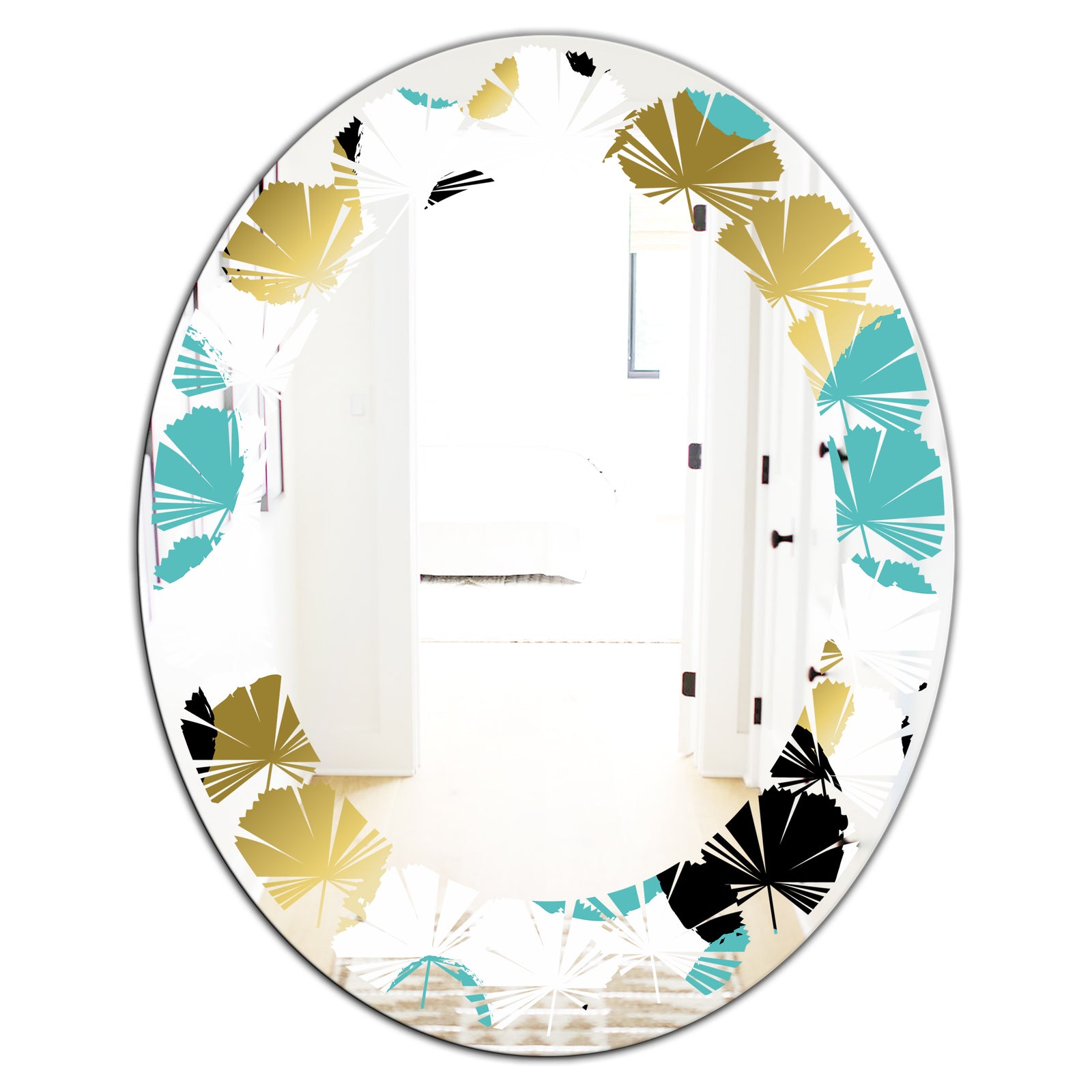 Gold and Blue Circles - Modern Round or Oval Wall Mirror - Leaves