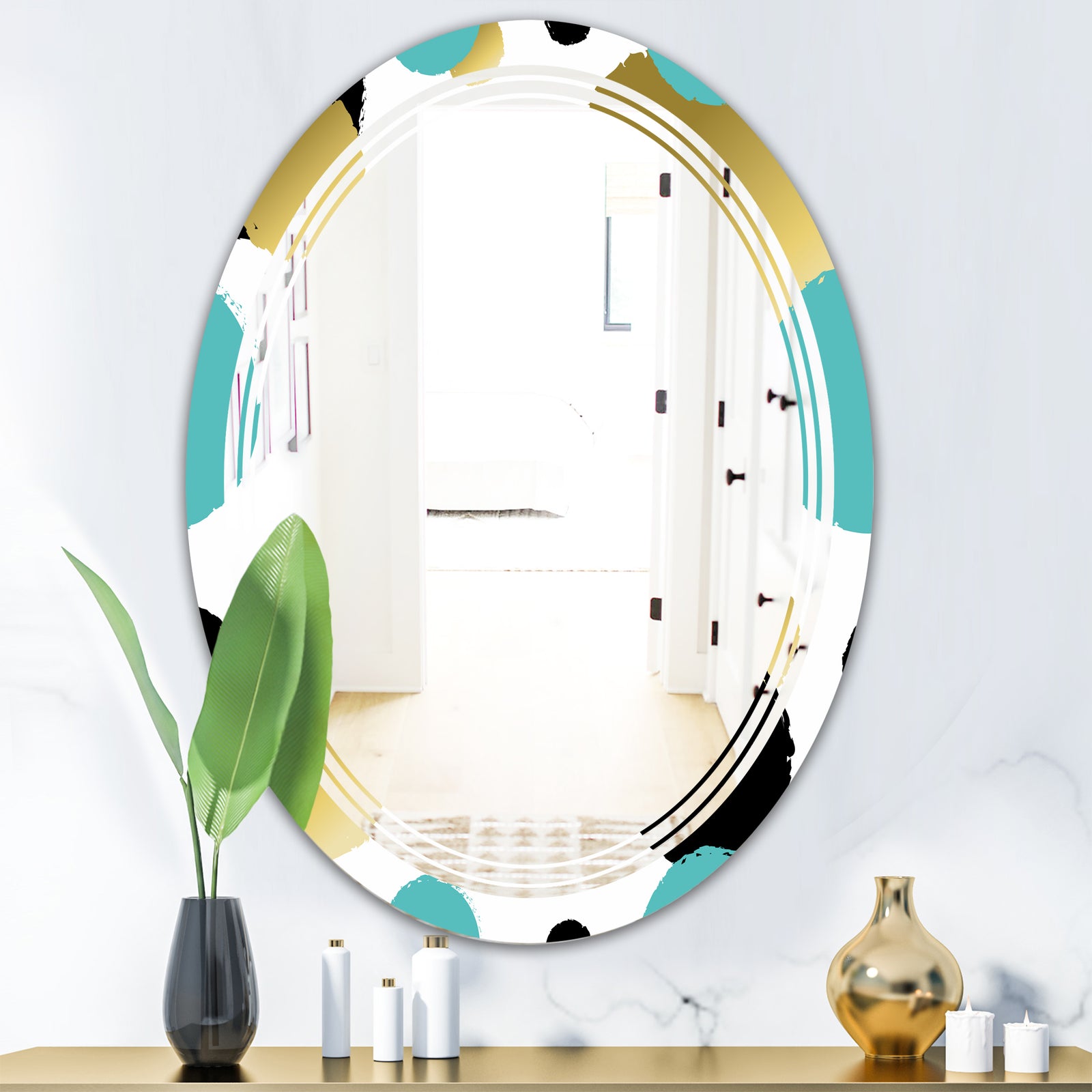 Gold and Blue Circles - Modern Round or Oval Wall Mirror - Triple C