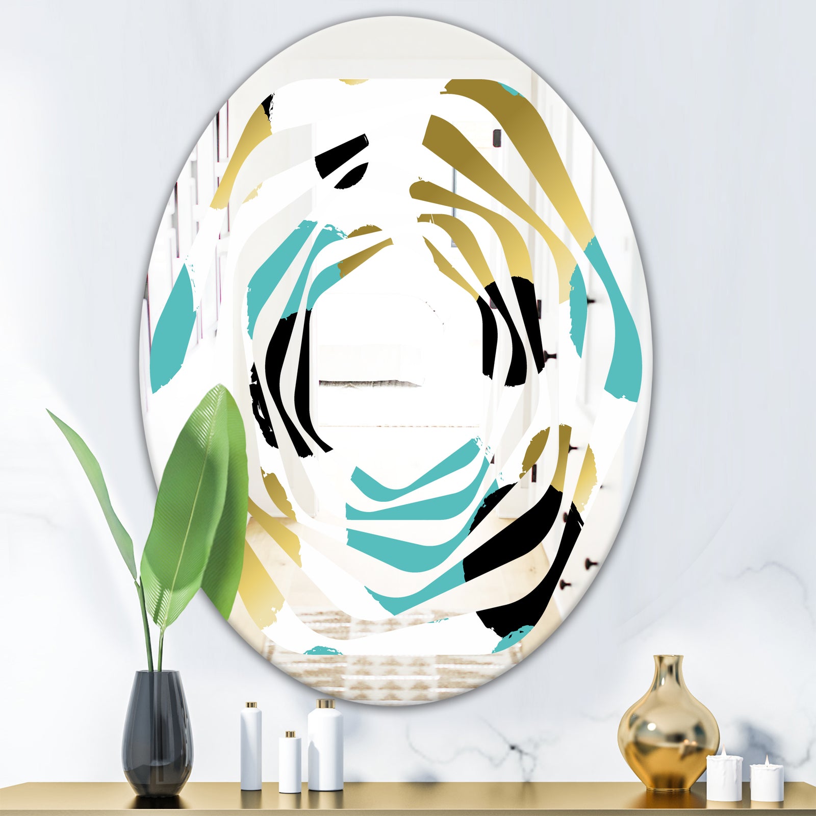Gold and Blue Circles - Modern Round or Oval Wall Mirror - Whirl