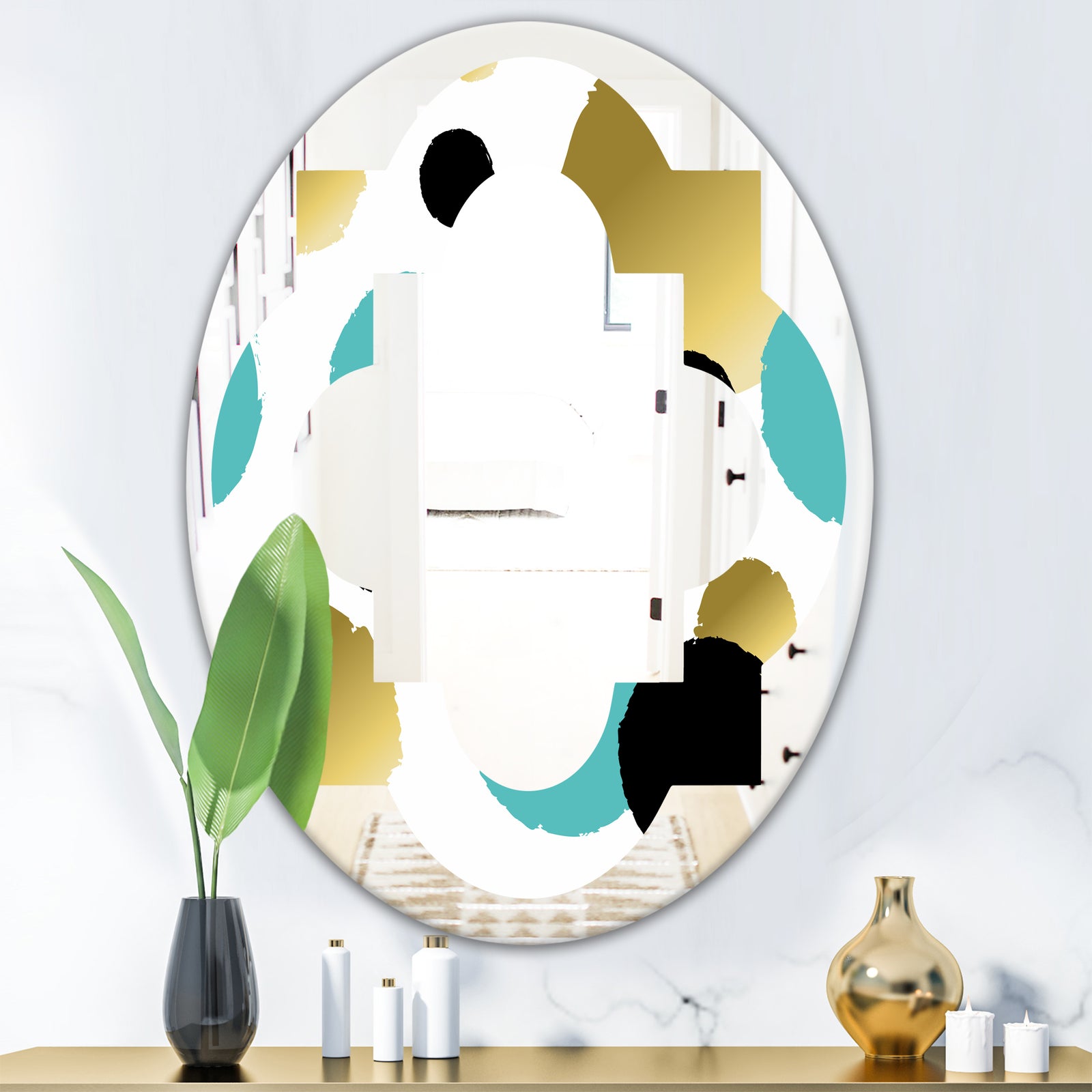 Gold and Blue Circles - Modern Round or Oval Wall Mirror - Quatrefoil