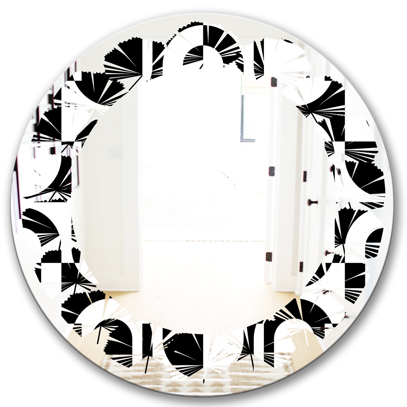 Monochrome Geometric Pattern VIII - Modern Round or Oval Wall Mirror - Leaves
