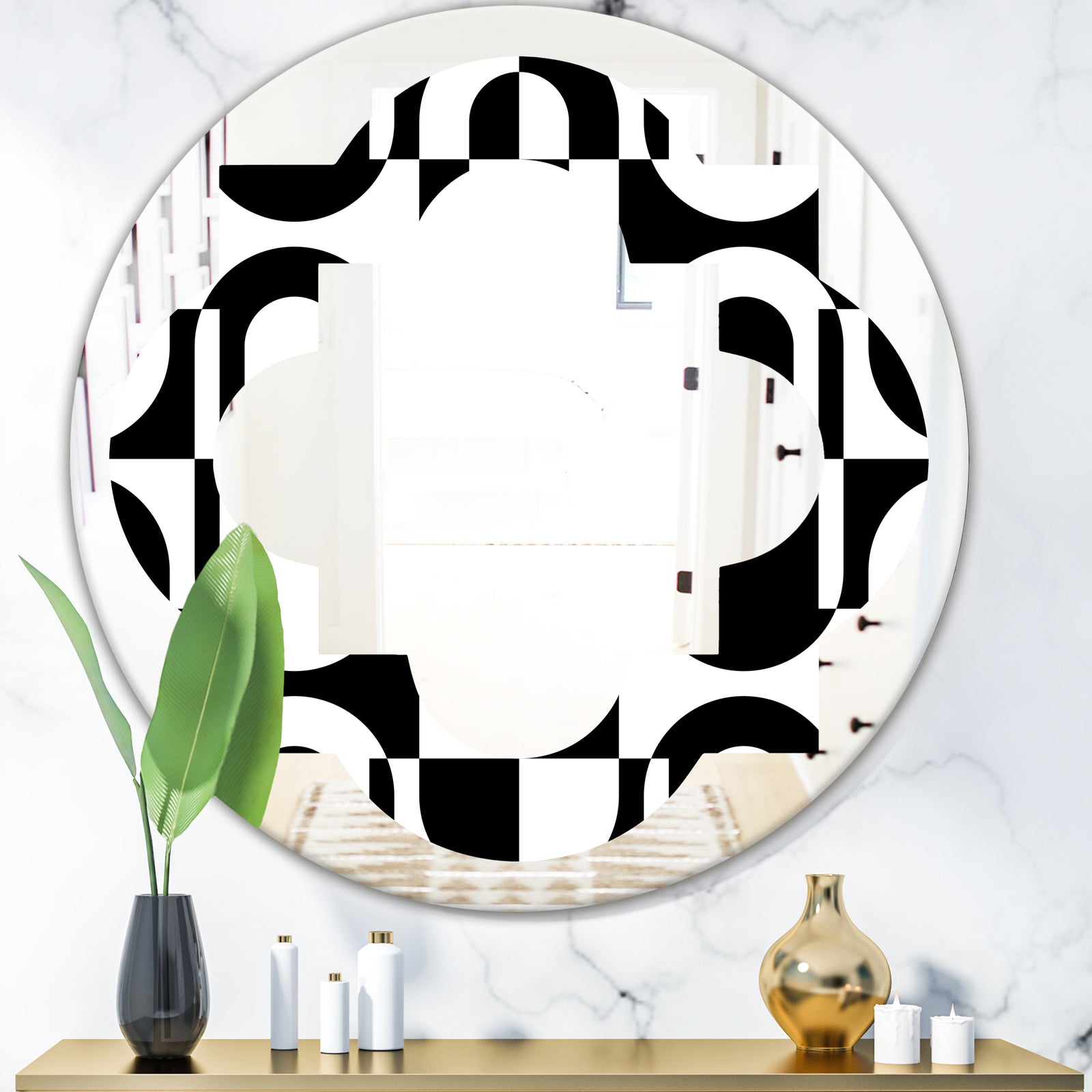 Monochrome Geometric Pattern VIII - Modern Round or Oval Wall Mirror - Quatrefoil