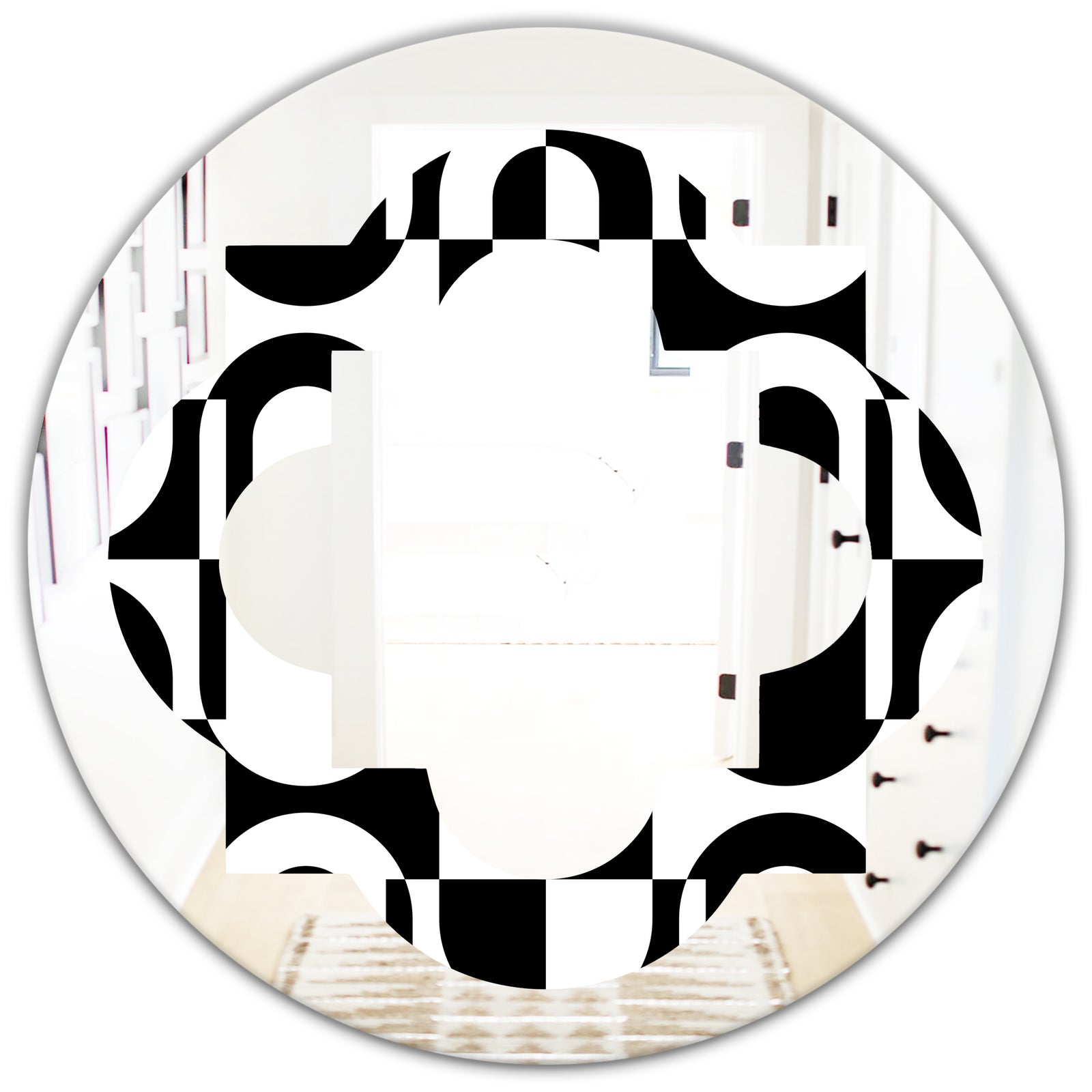 Monochrome Geometric Pattern VIII - Modern Round or Oval Wall Mirror - Quatrefoil