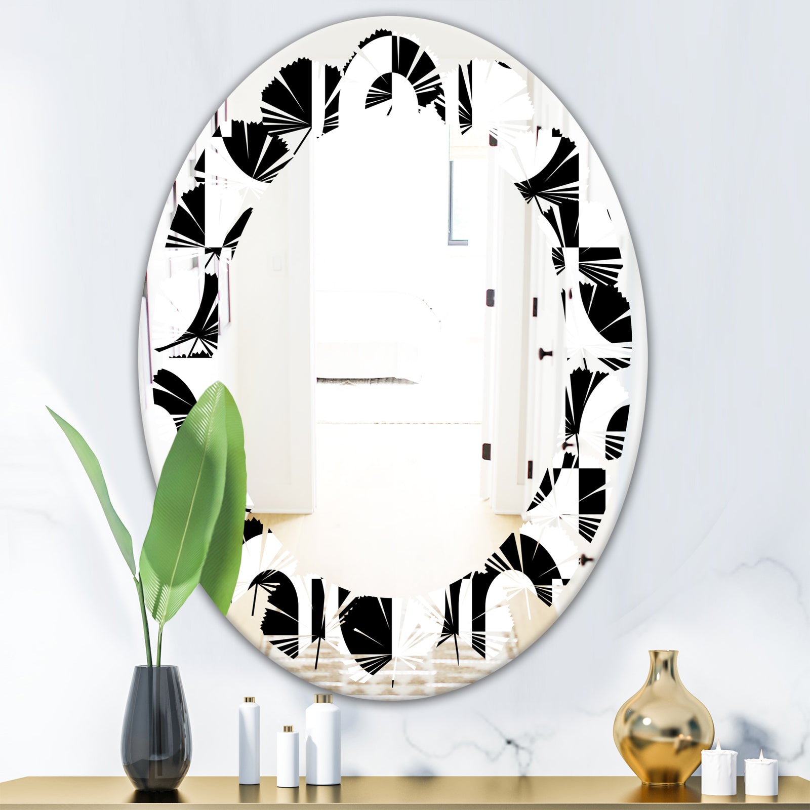 Monochrome Geometric Pattern VIII - Modern Round or Oval Wall Mirror - Leaves