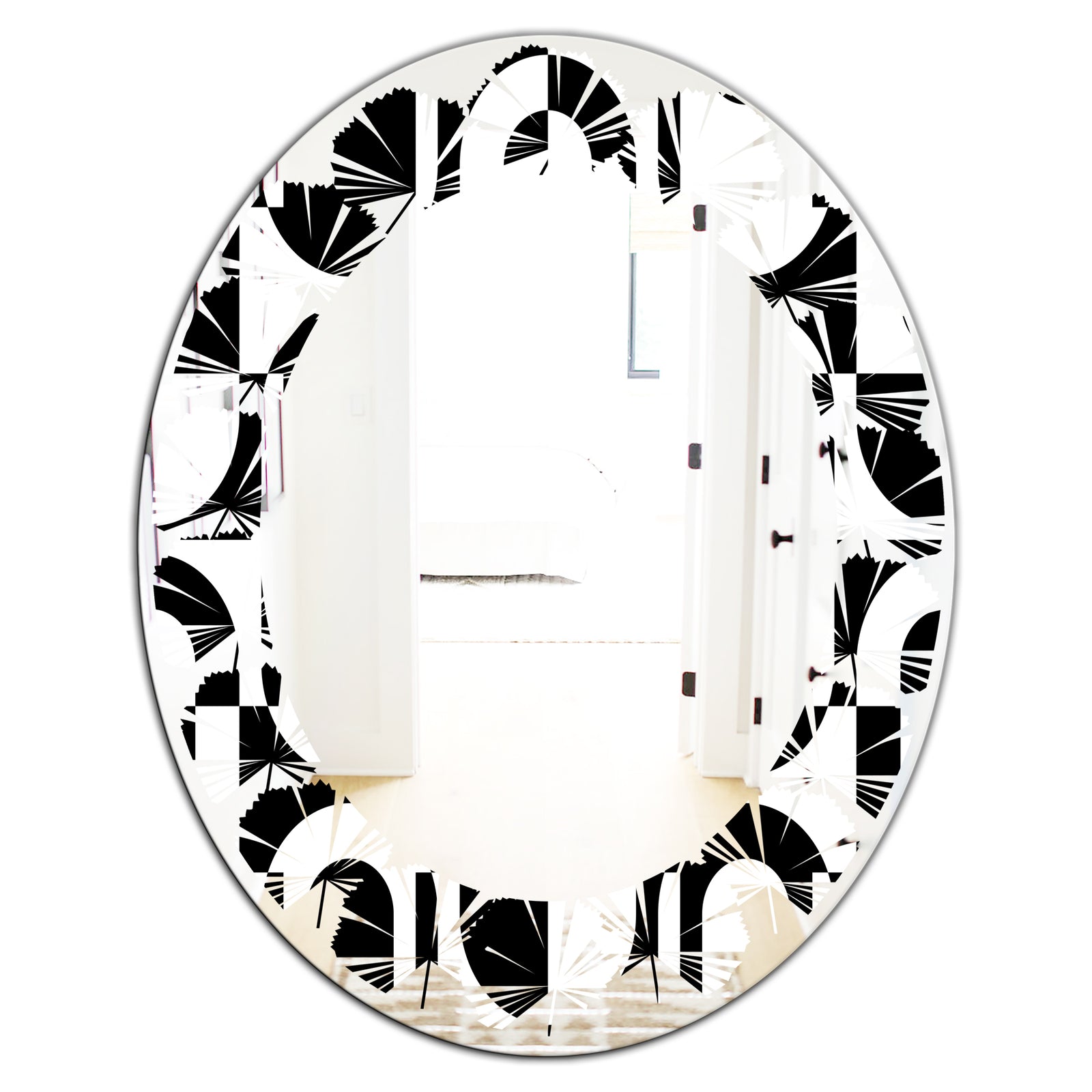Monochrome Geometric Pattern VIII - Modern Round or Oval Wall Mirror - Leaves
