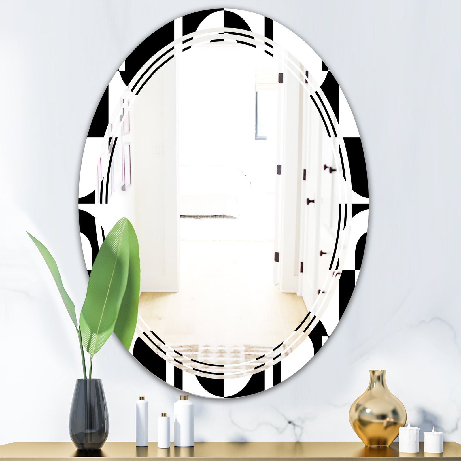 Monochrome Geometric Pattern VIII - Modern Round or Oval Wall Mirror - Triple C