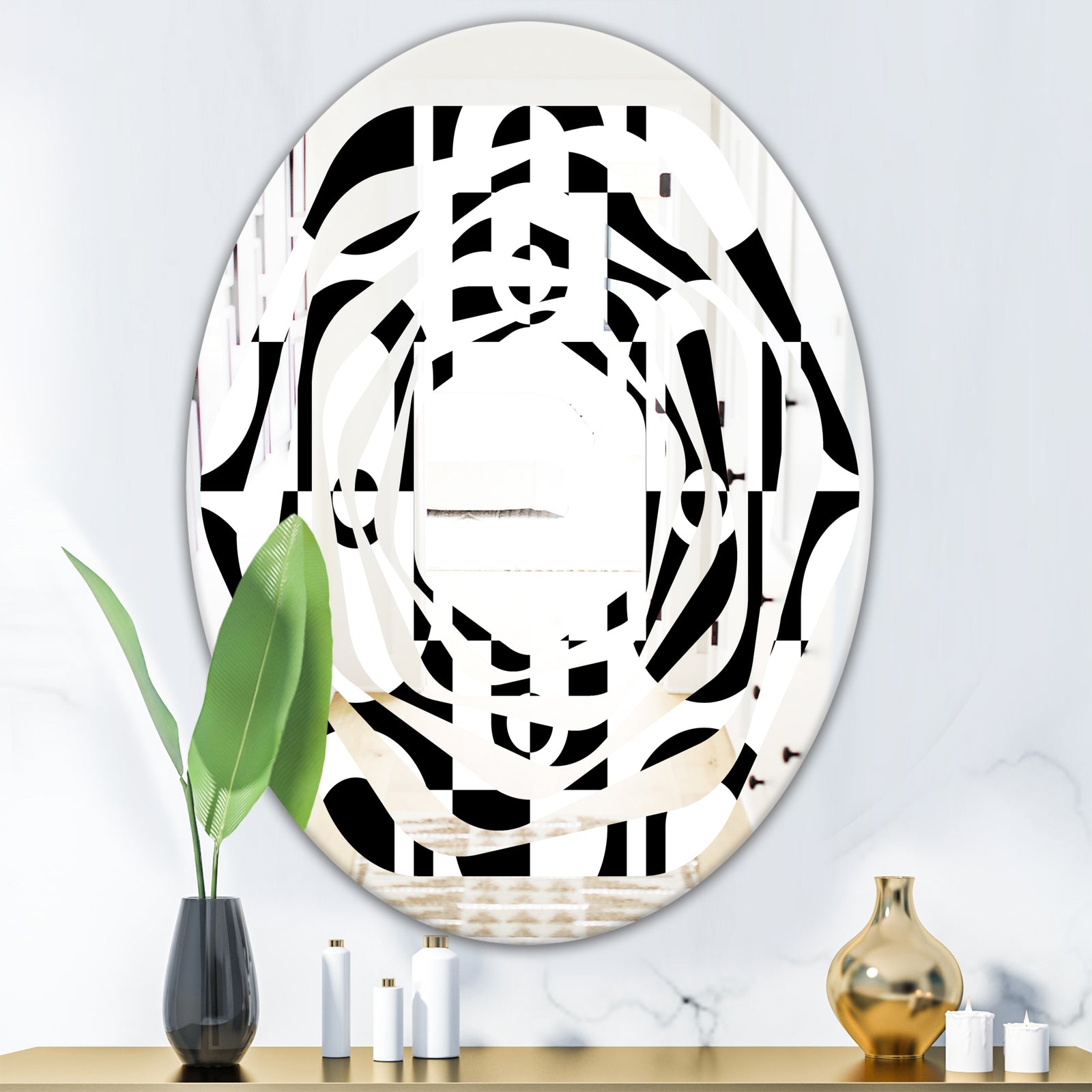 Monochrome Geometric Pattern VIII - Modern Round or Oval Wall Mirror - Whirl
