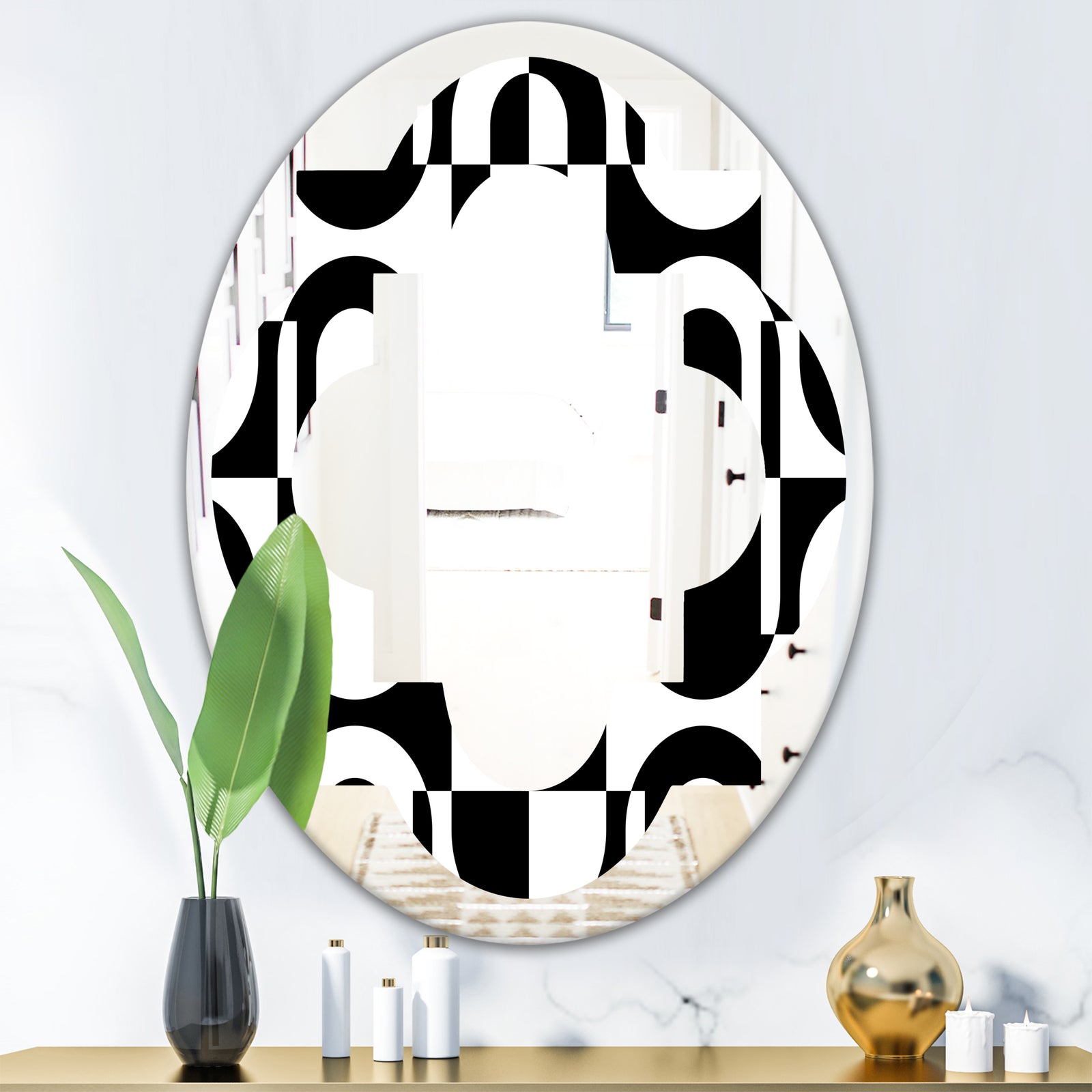Monochrome Geometric Pattern VIII - Modern Round or Oval Wall Mirror - Quatrefoil