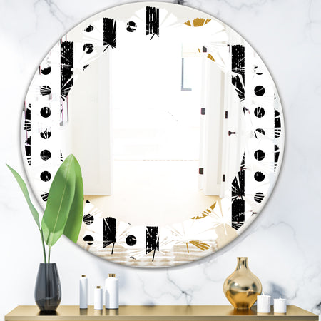 Retro Geometrical Abstract Minimal Pattern VII - Modern Round or Oval Wall Mirror - Leaves