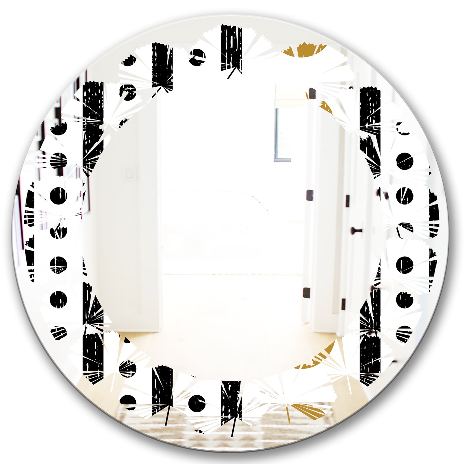 Retro Geometrical Abstract Minimal Pattern VII - Modern Round or Oval Wall Mirror - Leaves