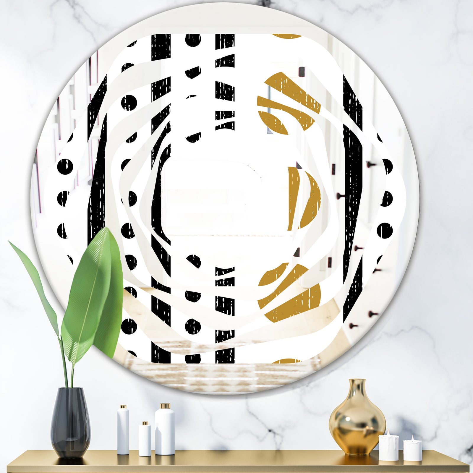 Retro Geometrical Abstract Minimal Pattern VII - Modern Round or Oval Wall Mirror - Whirl