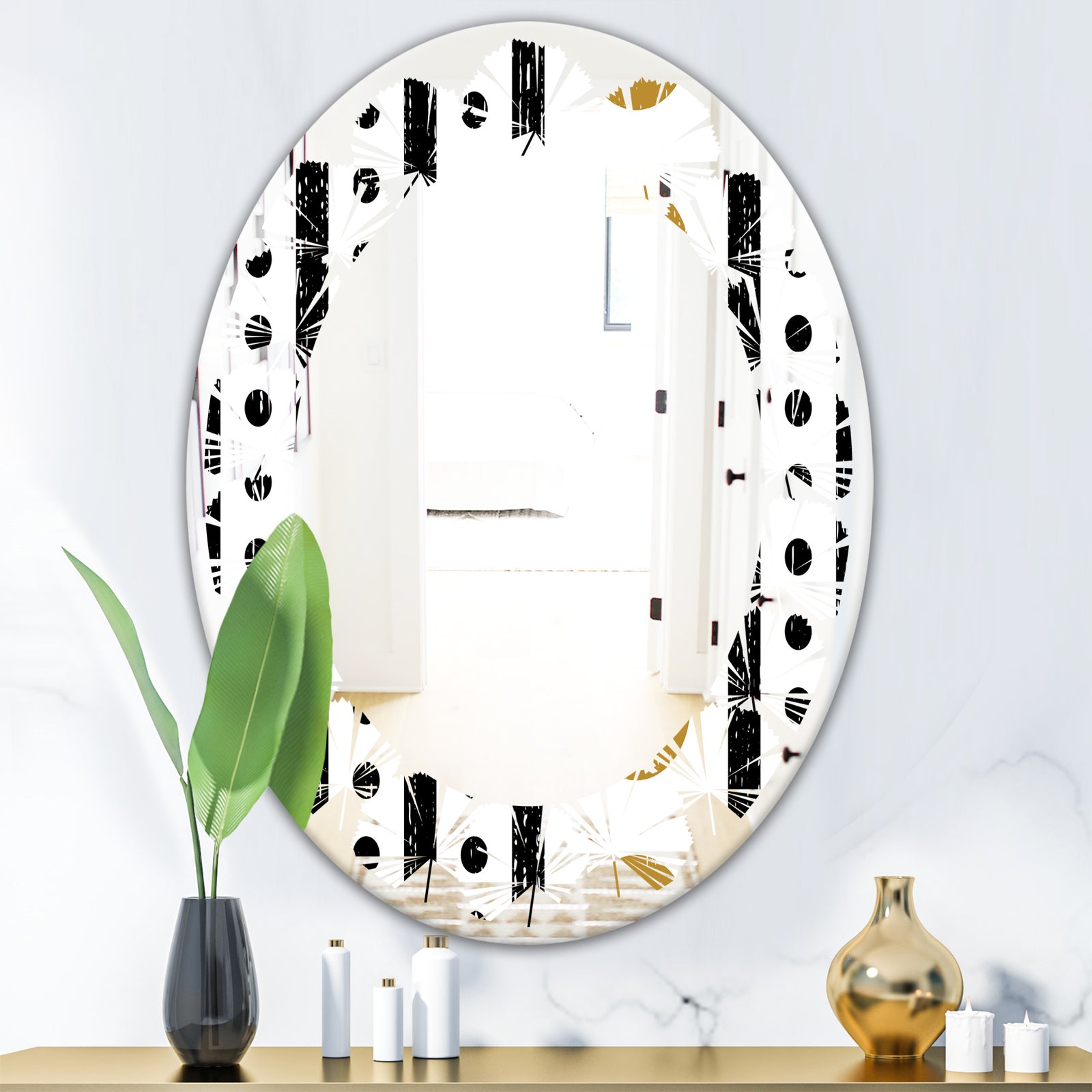 Retro Geometrical Abstract Minimal Pattern VII - Modern Round or Oval Wall Mirror - Leaves