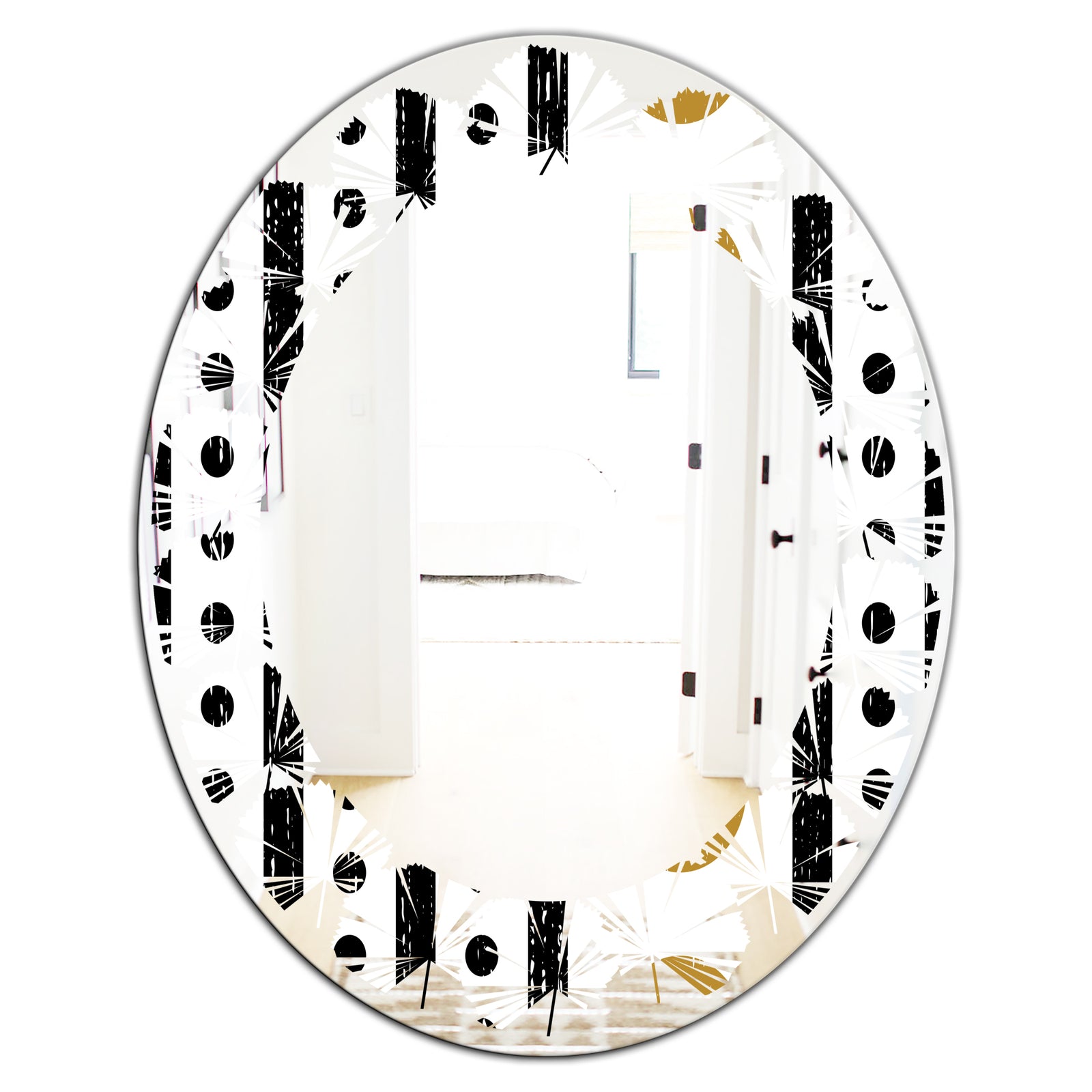 Retro Geometrical Abstract Minimal Pattern VII - Modern Round or Oval Wall Mirror - Leaves