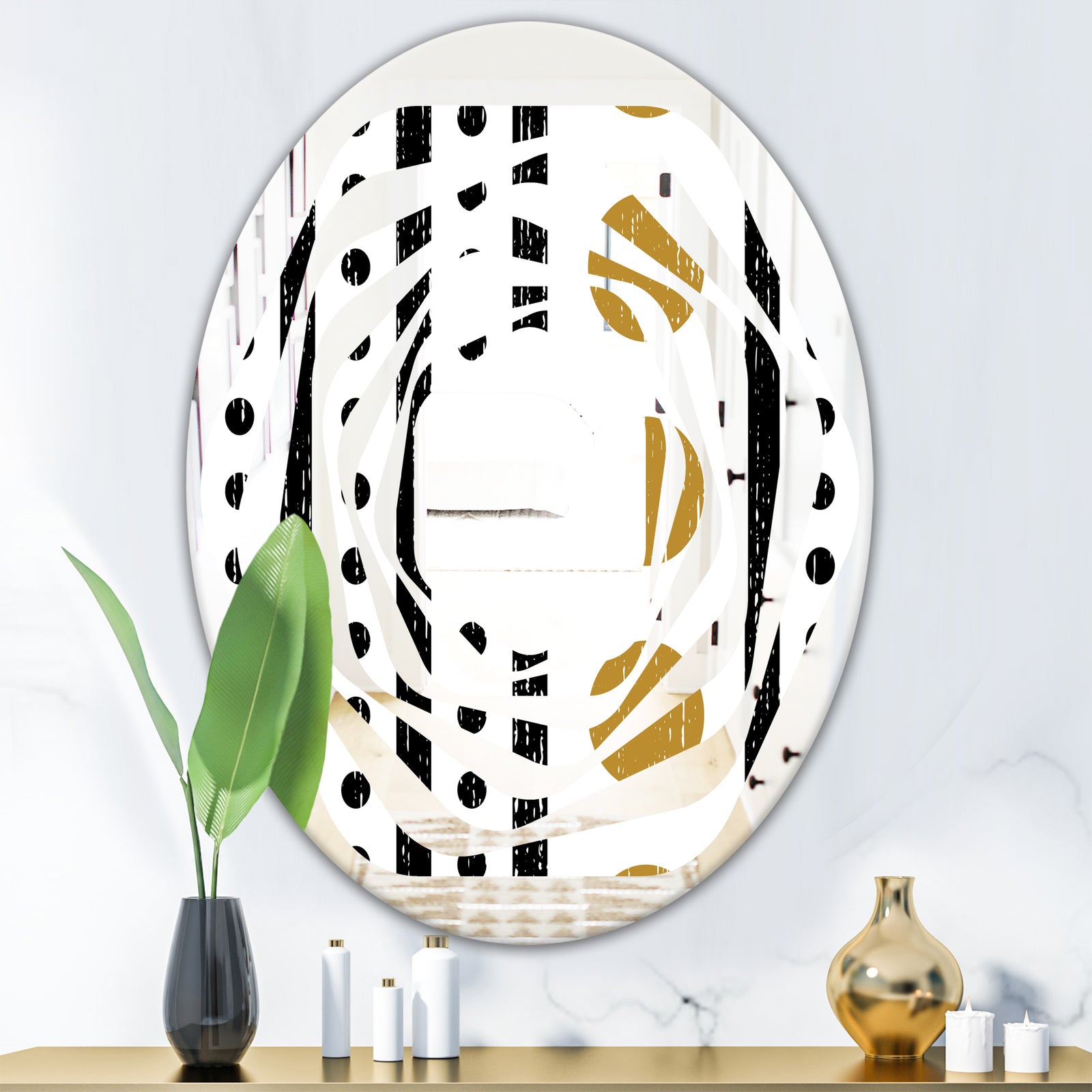 Retro Geometrical Abstract Minimal Pattern VII - Modern Round or Oval Wall Mirror - Whirl