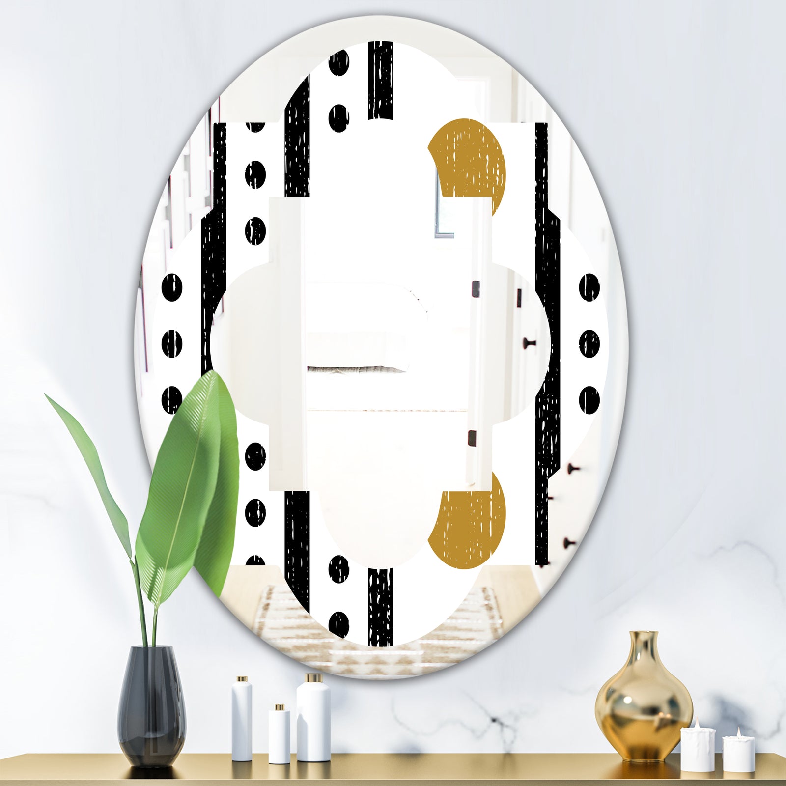 Retro Geometrical Abstract Minimal Pattern VII - Modern Round or Oval Wall Mirror - Quatrefoil