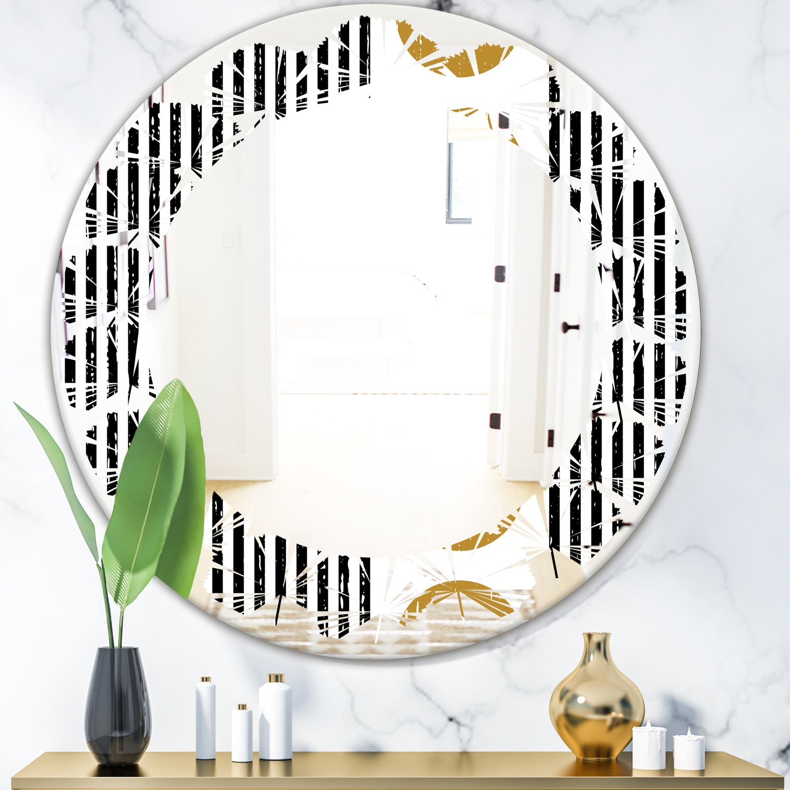 Vertical Retro Geometrical Pattern I - Modern Round or Oval Wall Mirror - Leaves