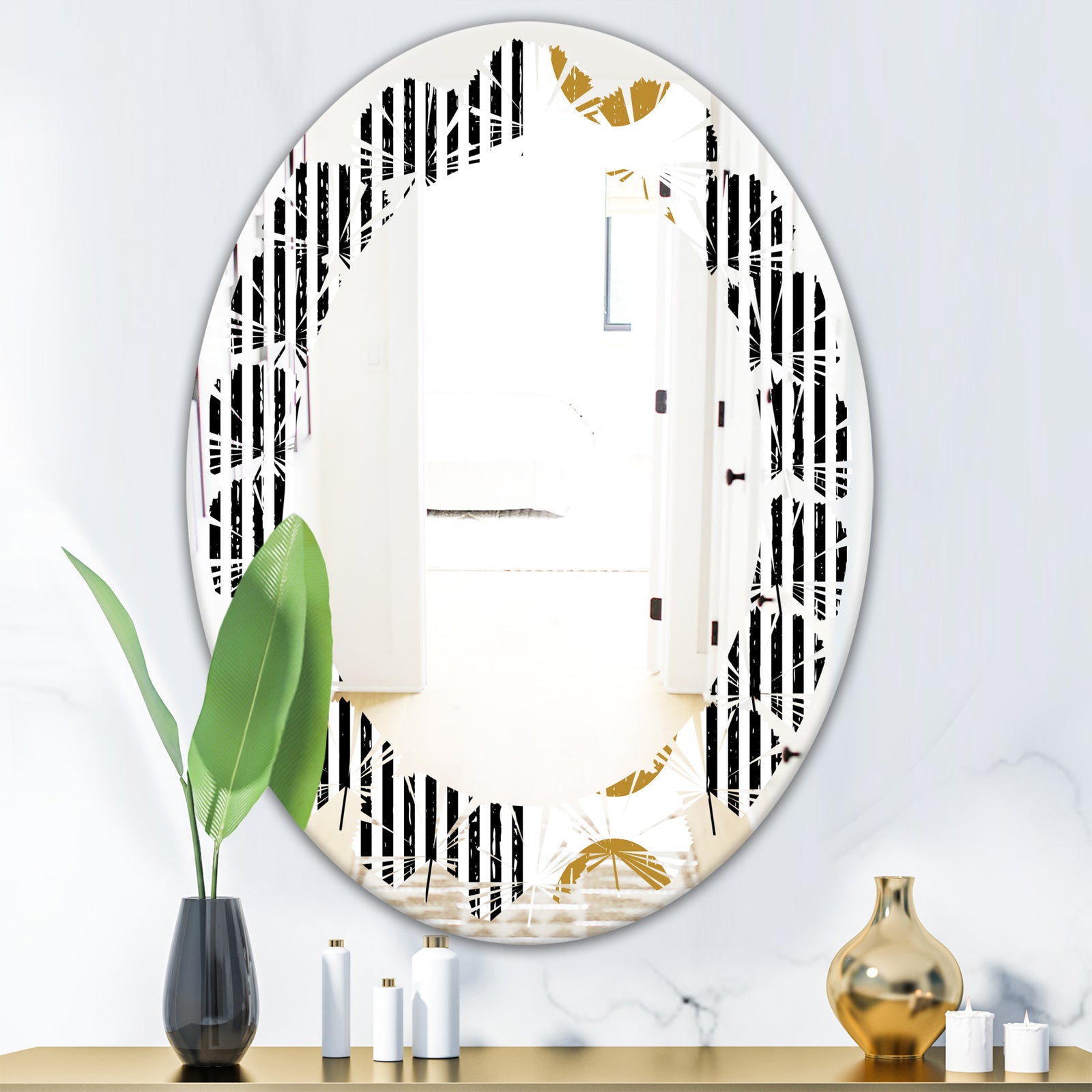 Vertical Retro Geometrical Pattern I - Modern Round or Oval Wall Mirror - Leaves