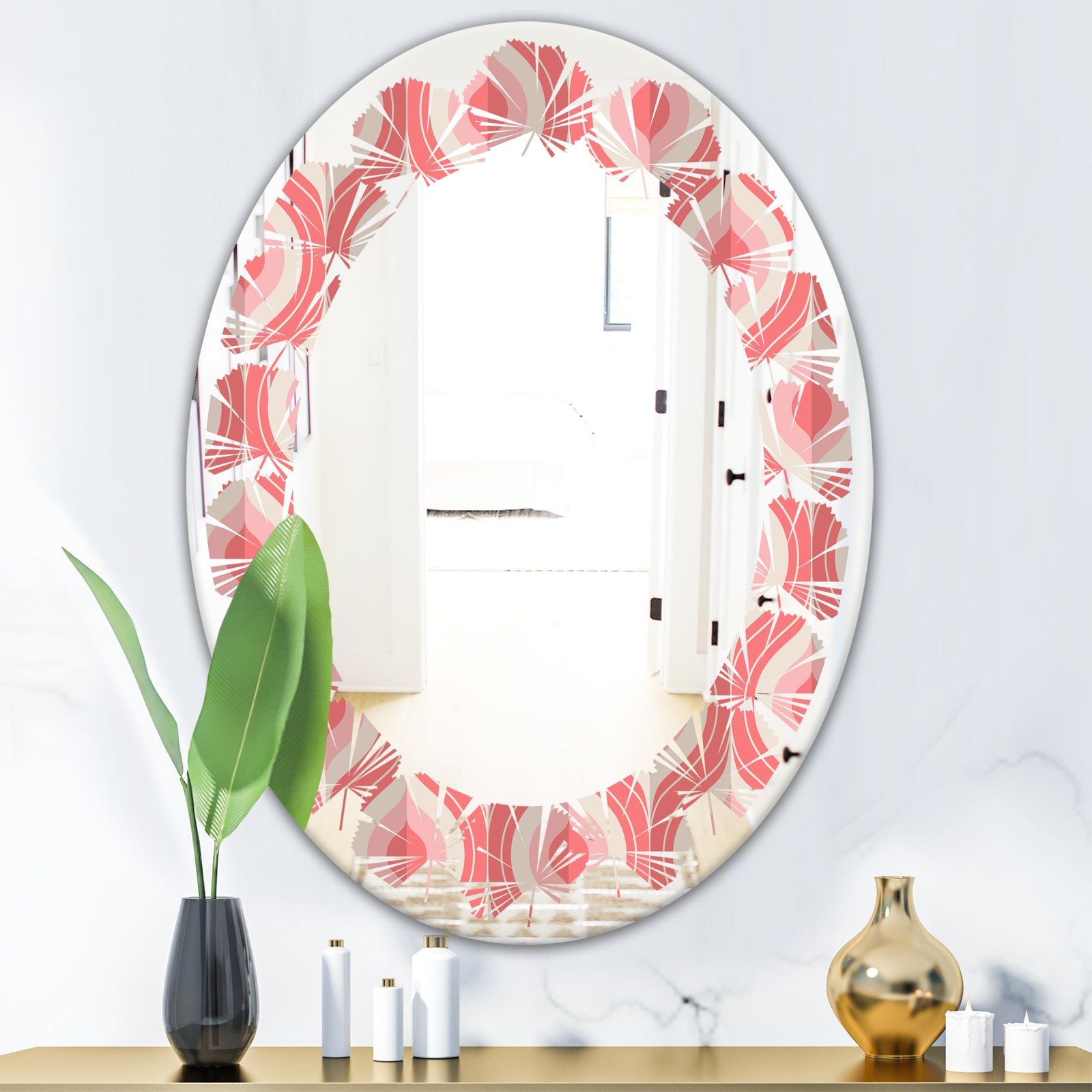 Retro Drop Design I - Modern Round or Oval Wall Mirror - Leaves