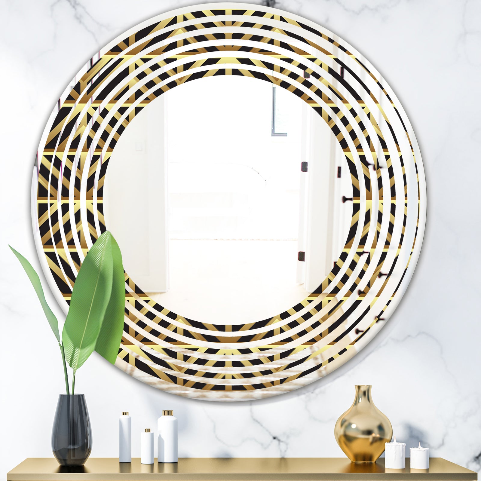Golden Luxury Metallic Geometrics XIV - Modern Round or Oval Wall Mirror - Wave
