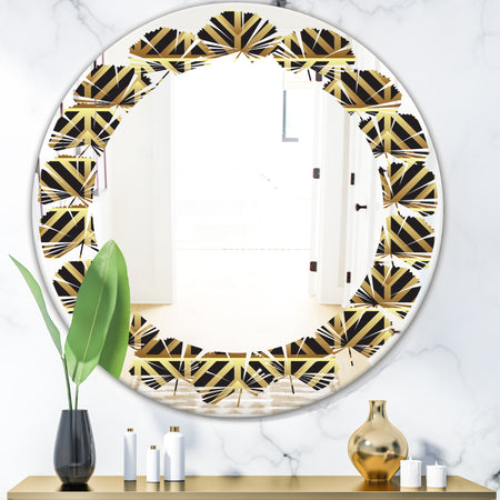 Golden Luxury Metallic Geometrics XIV - Modern Round or Oval Wall Mirror - Leaves