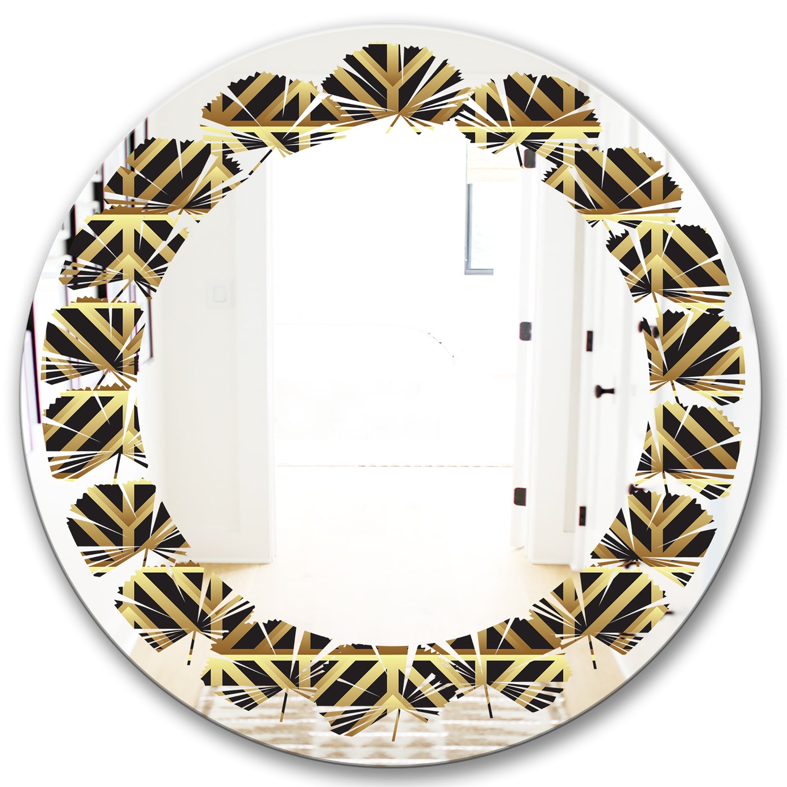 Golden Luxury Metallic Geometrics XIV - Modern Round or Oval Wall Mirror - Leaves