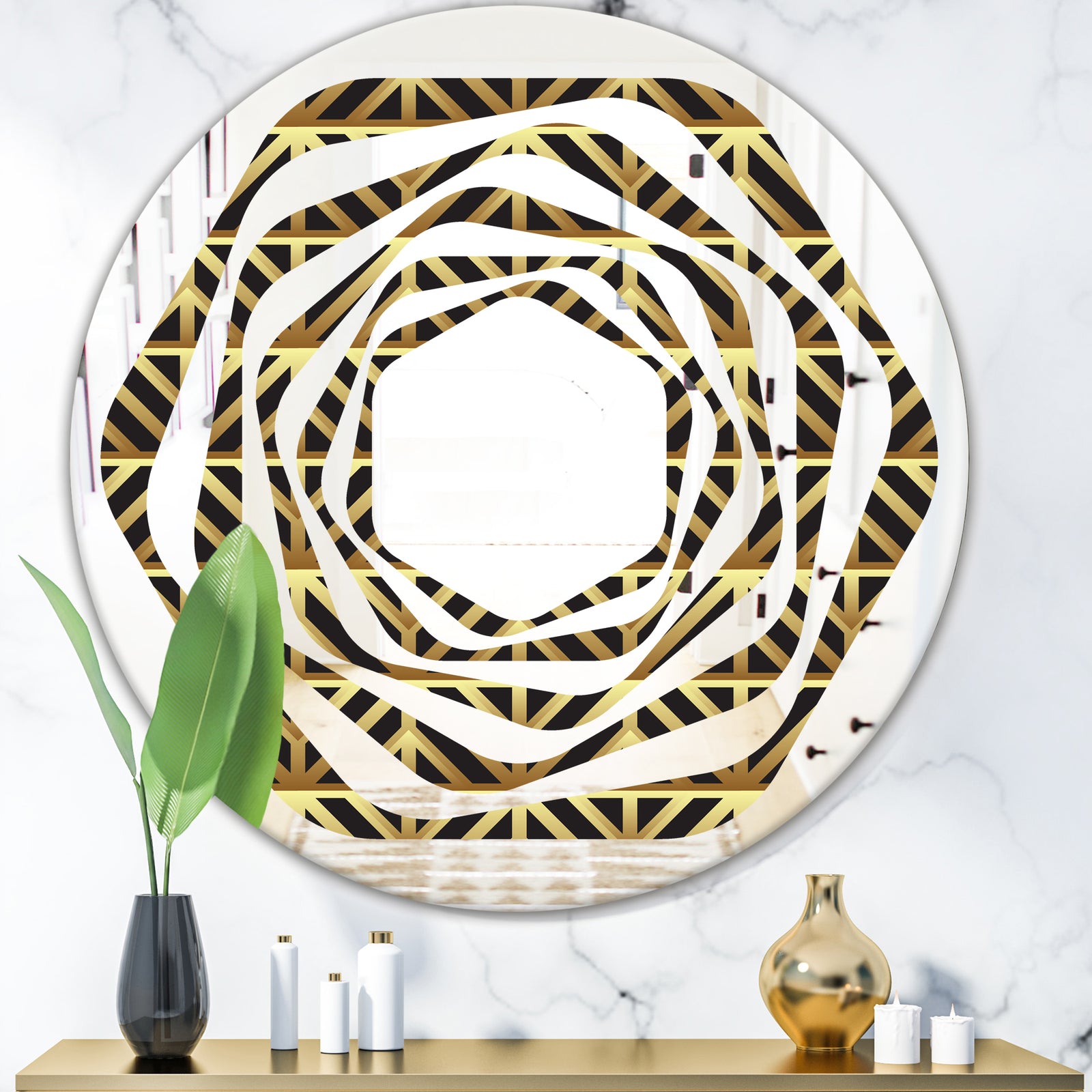 Golden Luxury Metallic Geometrics XIV - Modern Round or Oval Wall Mirror - Whirl