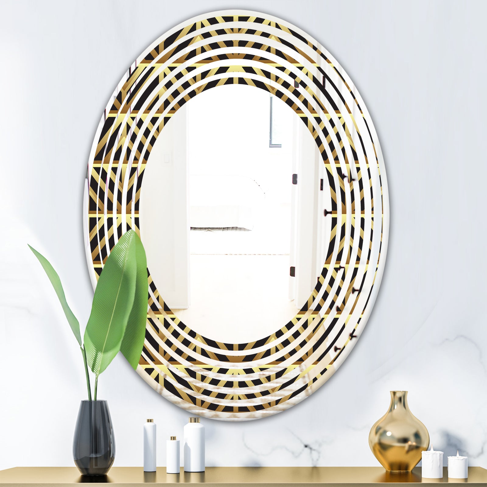 Golden Luxury Metallic Geometrics XIV - Modern Round or Oval Wall Mirror - Wave