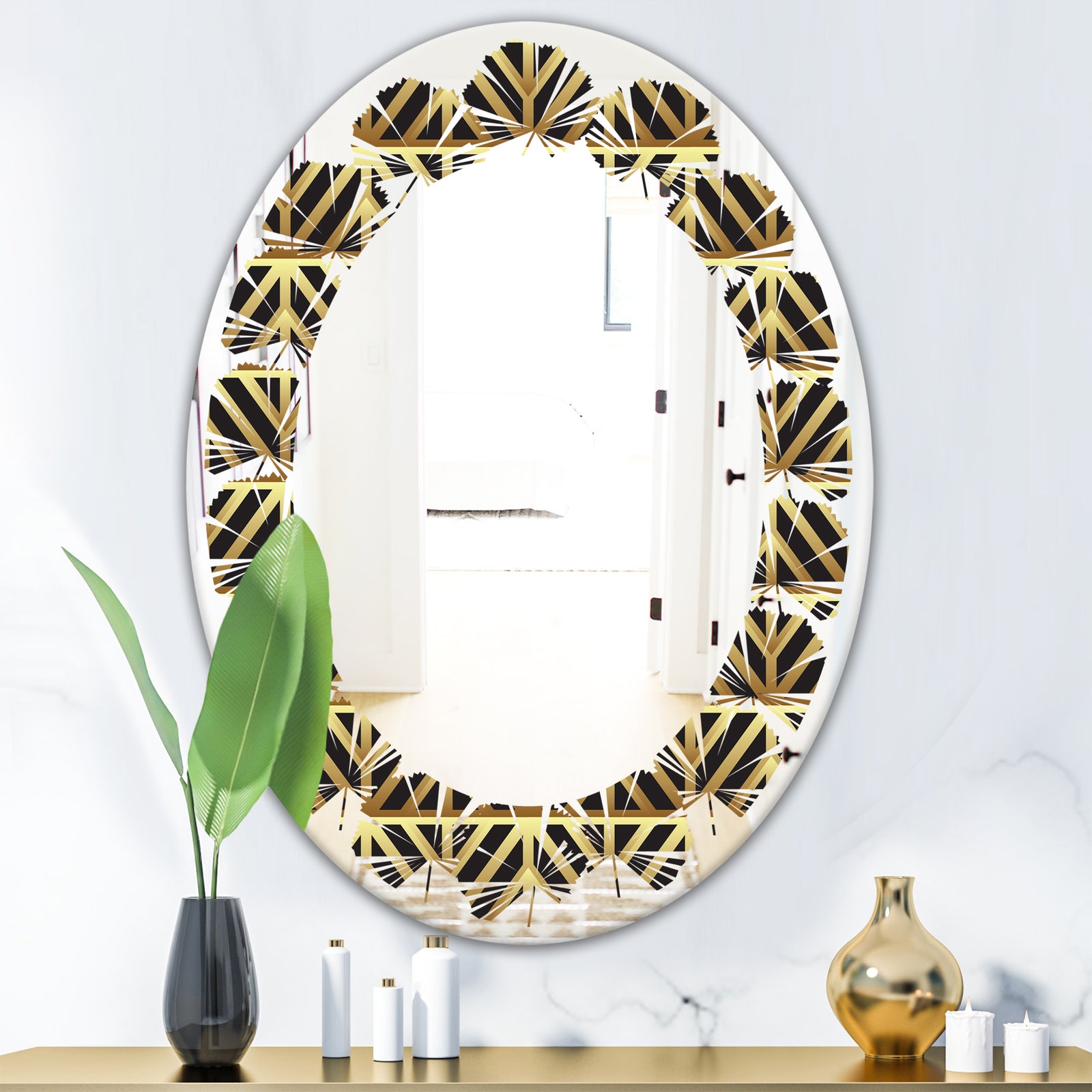 Golden Luxury Metallic Geometrics XIV - Modern Round or Oval Wall Mirror - Leaves