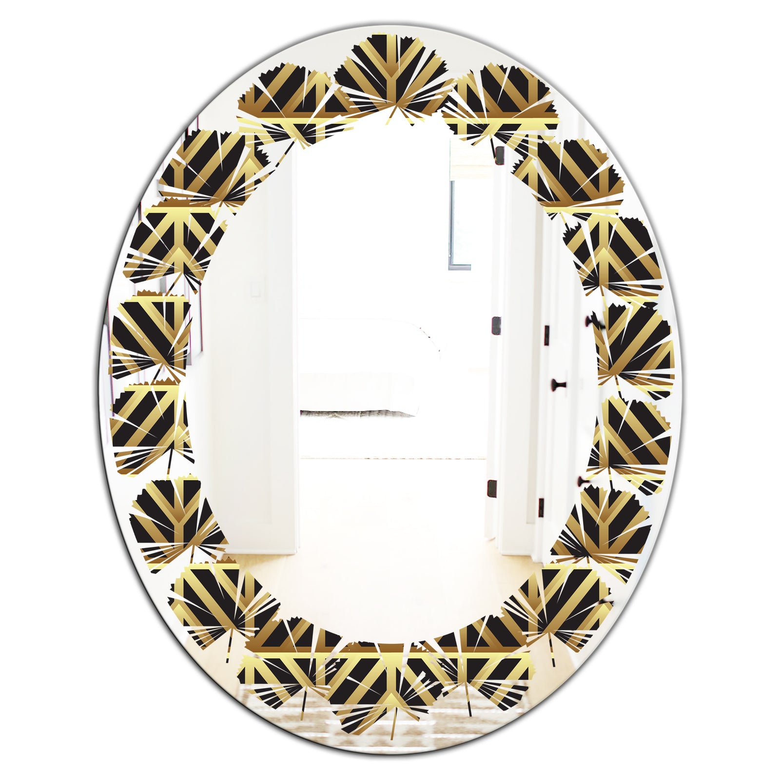 Golden Luxury Metallic Geometrics XIV - Modern Round or Oval Wall Mirror - Leaves