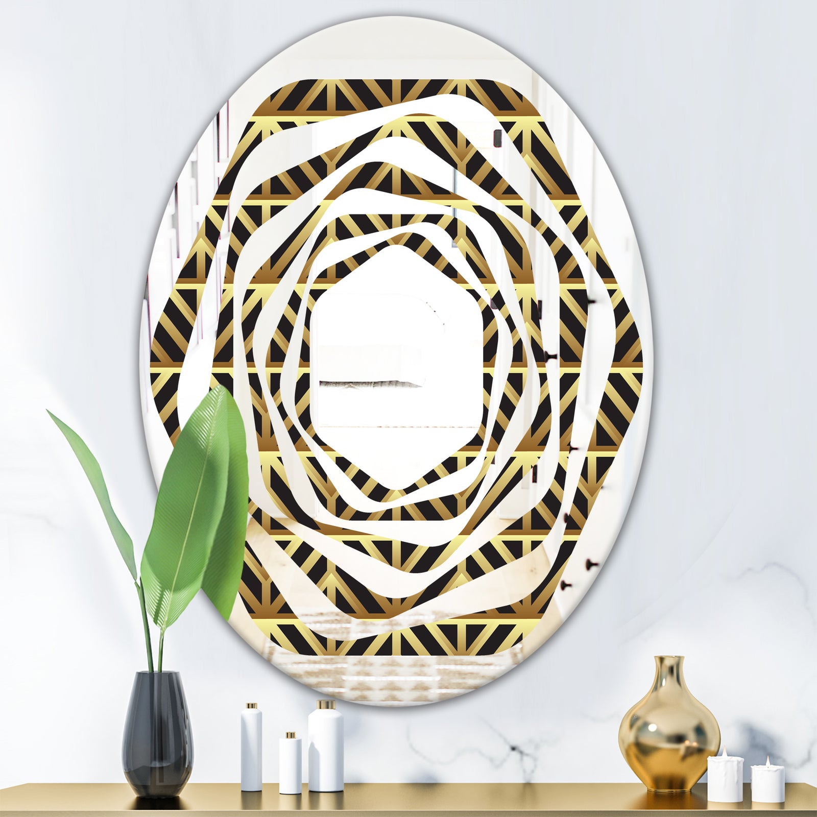 Golden Luxury Metallic Geometrics XIV - Modern Round or Oval Wall Mirror - Whirl