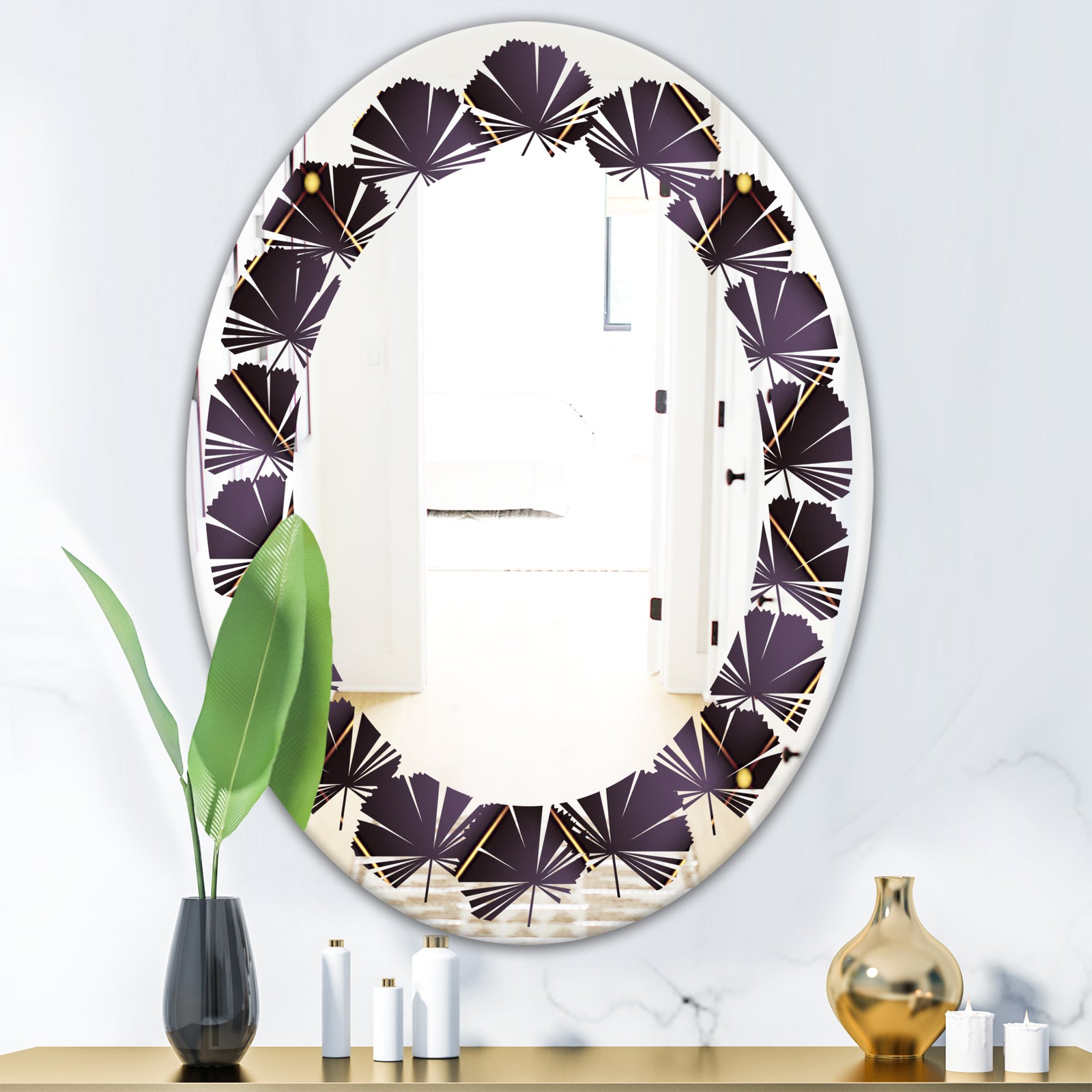 Quilted pattern - Modern Round or Oval Wall Mirror - Leaves