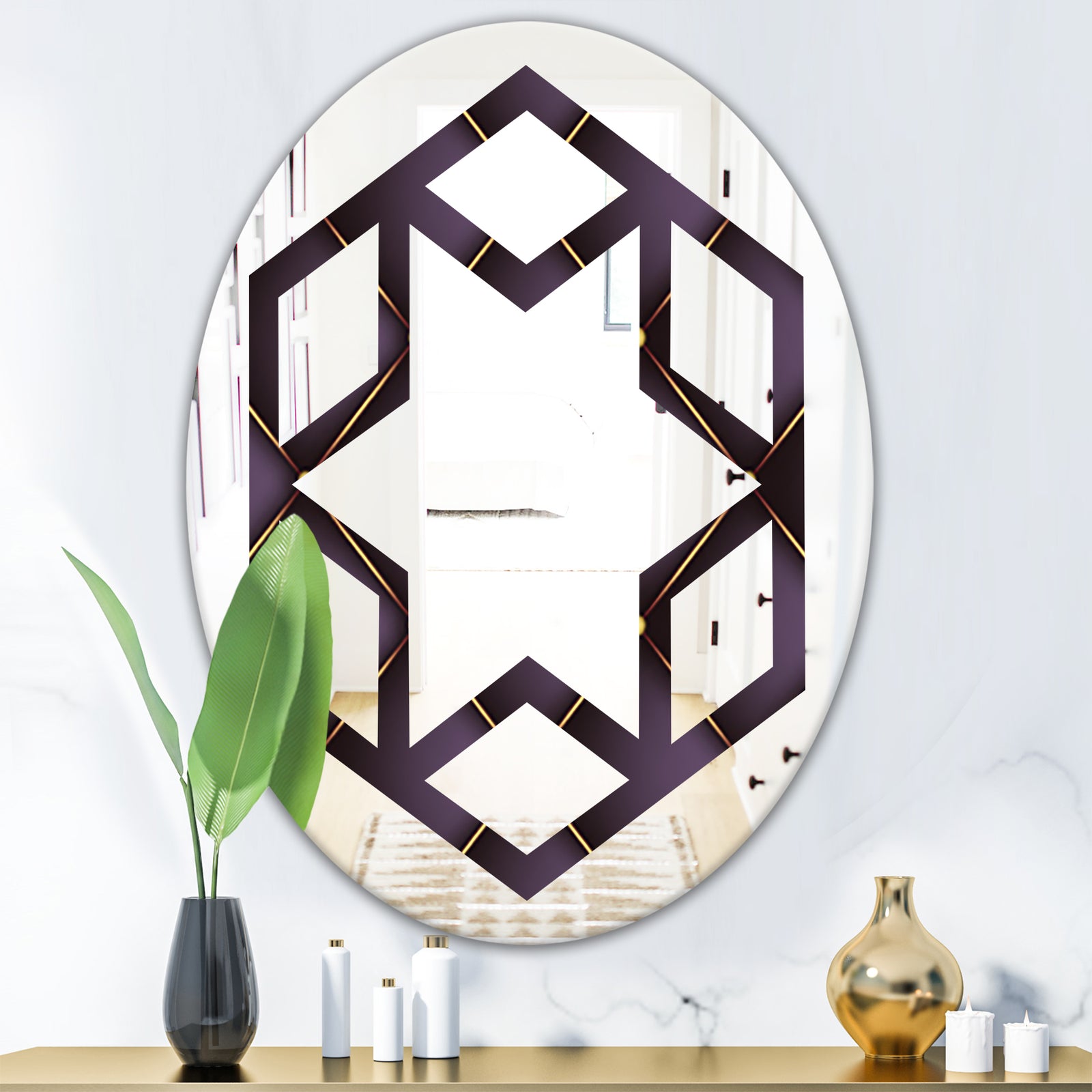 Quilted pattern - Modern Round or Oval Wall Mirror - Hexagon Star
