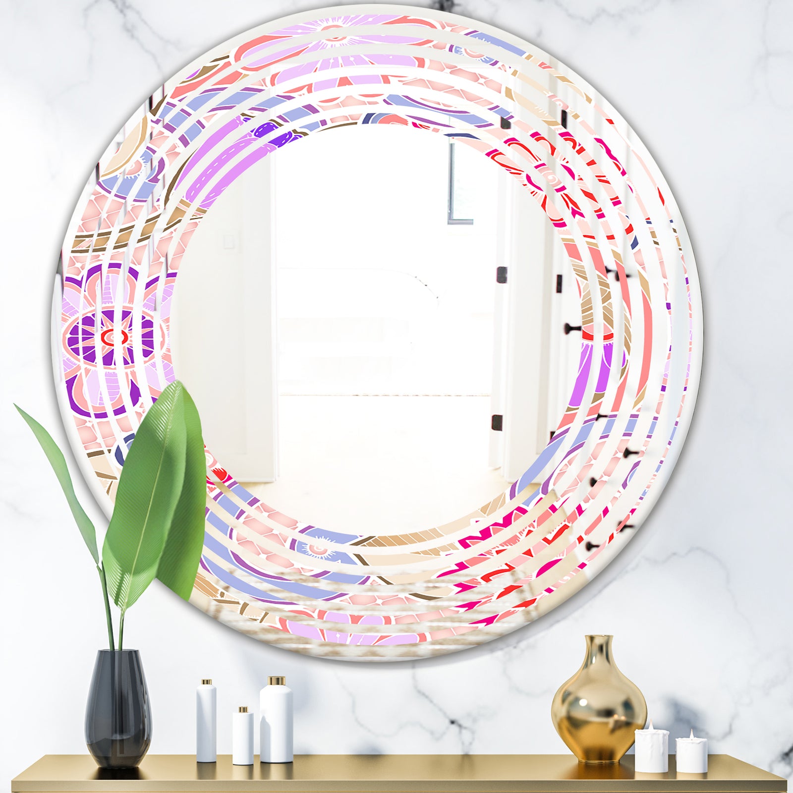 Floral Botanical Retro XIII - Modern Round or Oval Wall Mirror - Wave