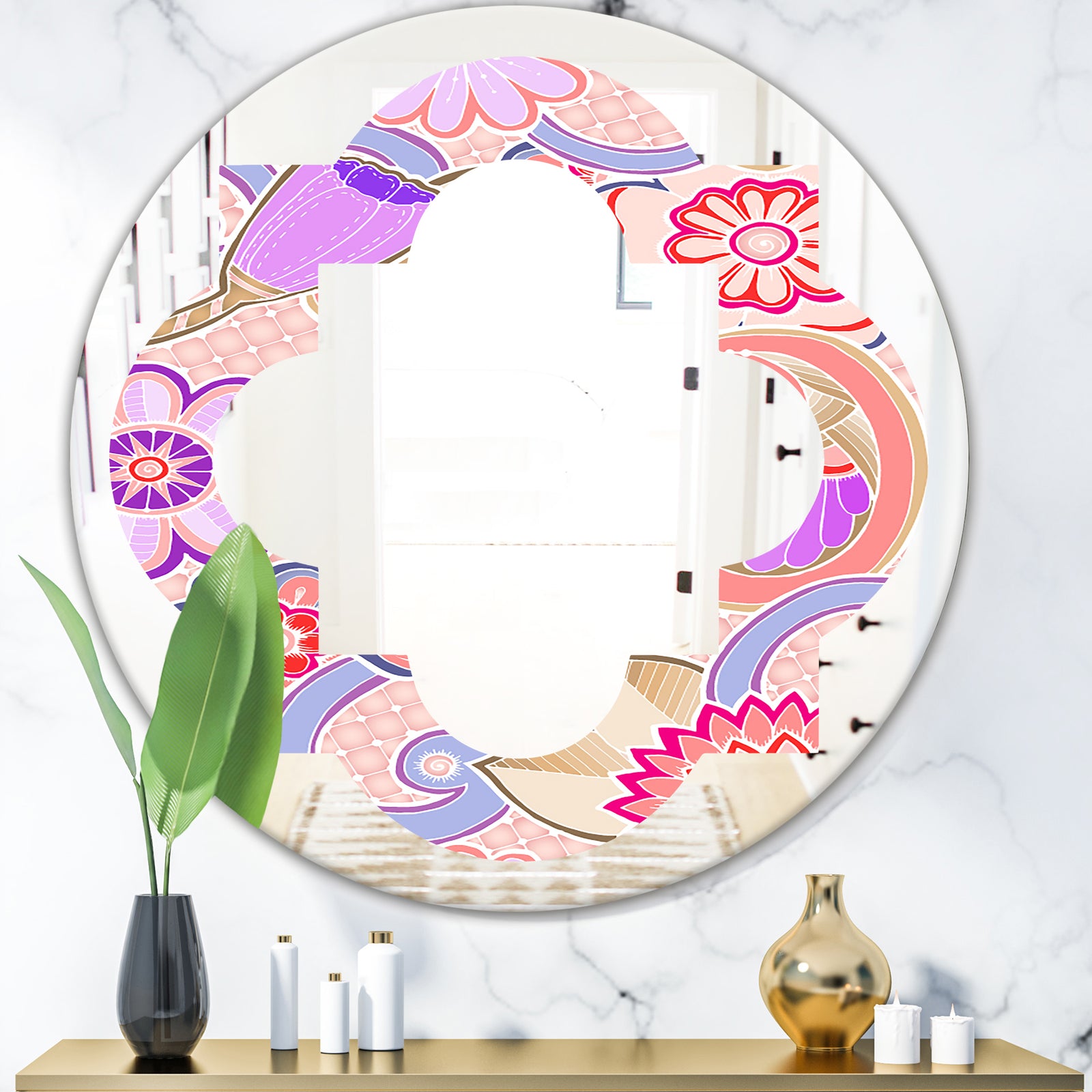 Floral Botanical Retro XIII - Modern Round or Oval Wall Mirror - Quatrefoil