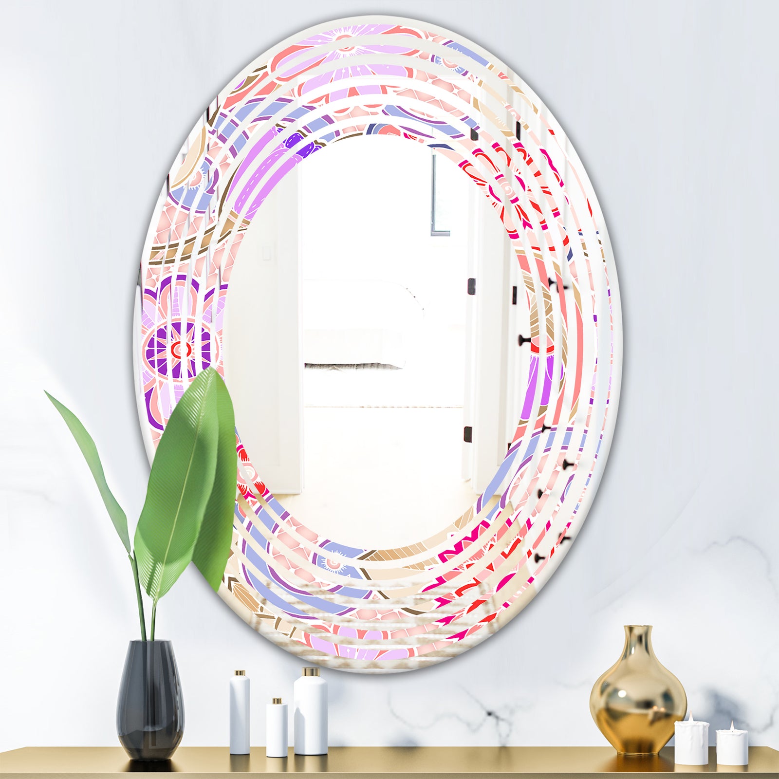 Floral Botanical Retro XIII - Modern Round or Oval Wall Mirror - Wave