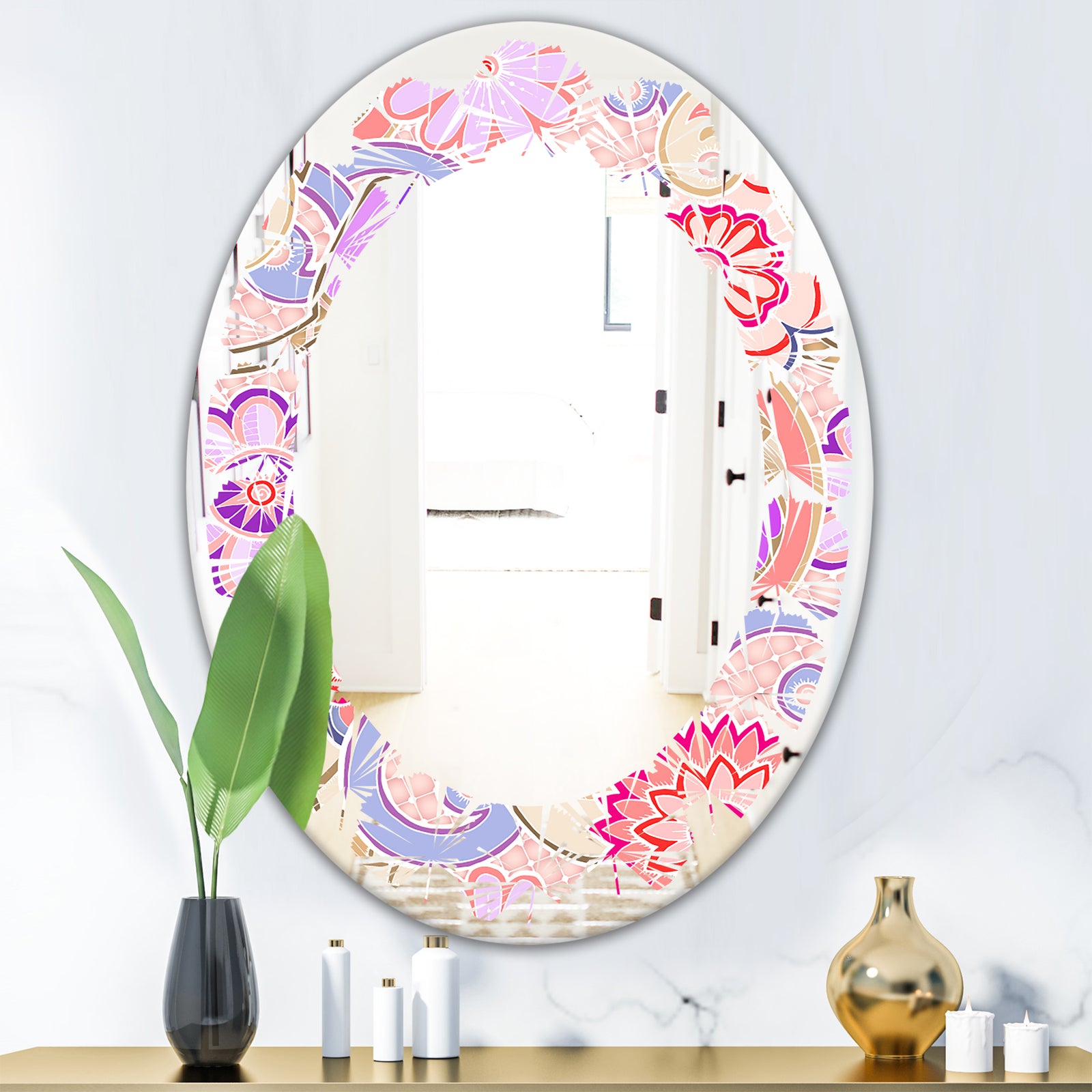 Floral Botanical Retro XIII - Modern Round or Oval Wall Mirror - Leaves
