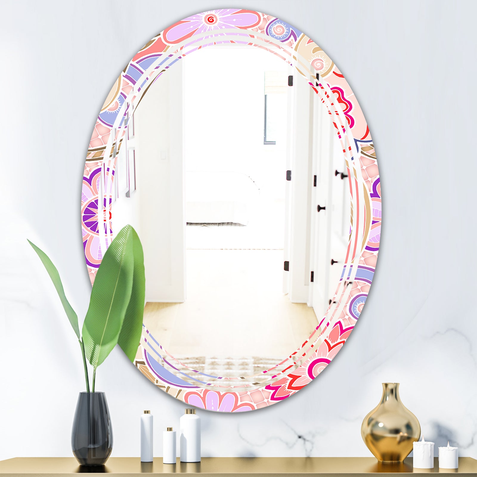 Floral Botanical Retro XIII - Modern Round or Oval Wall Mirror - Triple C