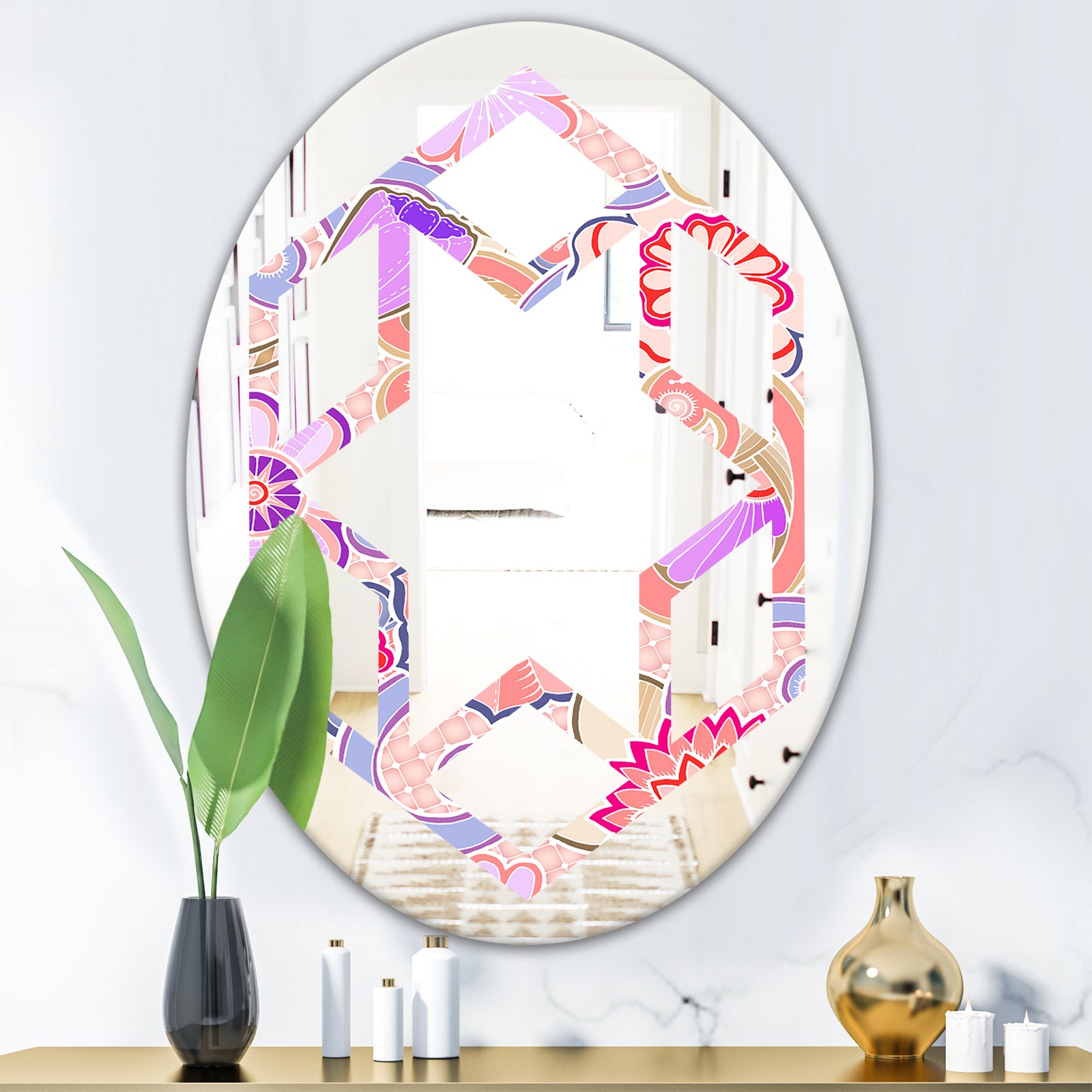 Floral Botanical Retro XIII - Modern Round or Oval Wall Mirror - Hexagon Star