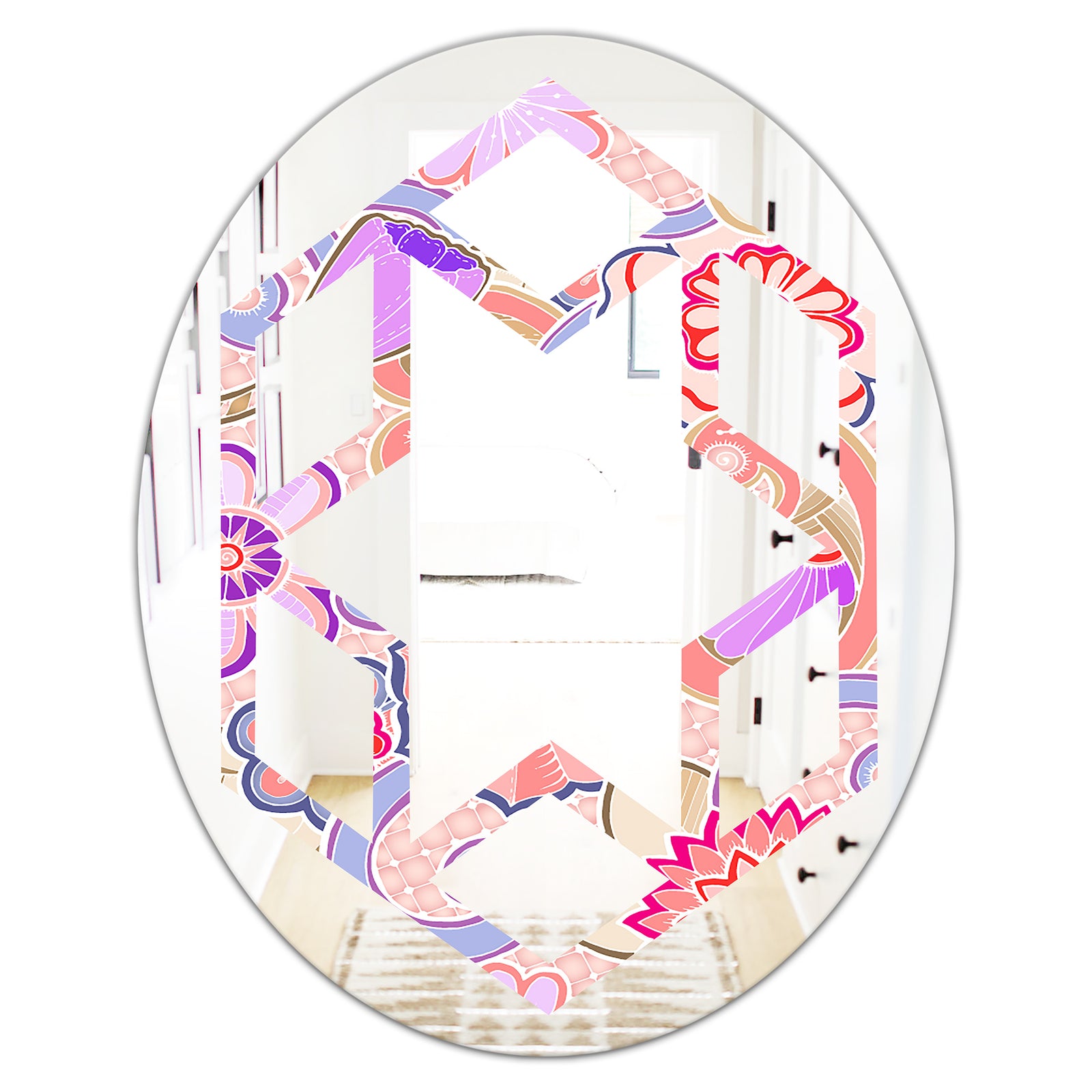 Floral Botanical Retro XIII - Modern Round or Oval Wall Mirror - Hexagon Star