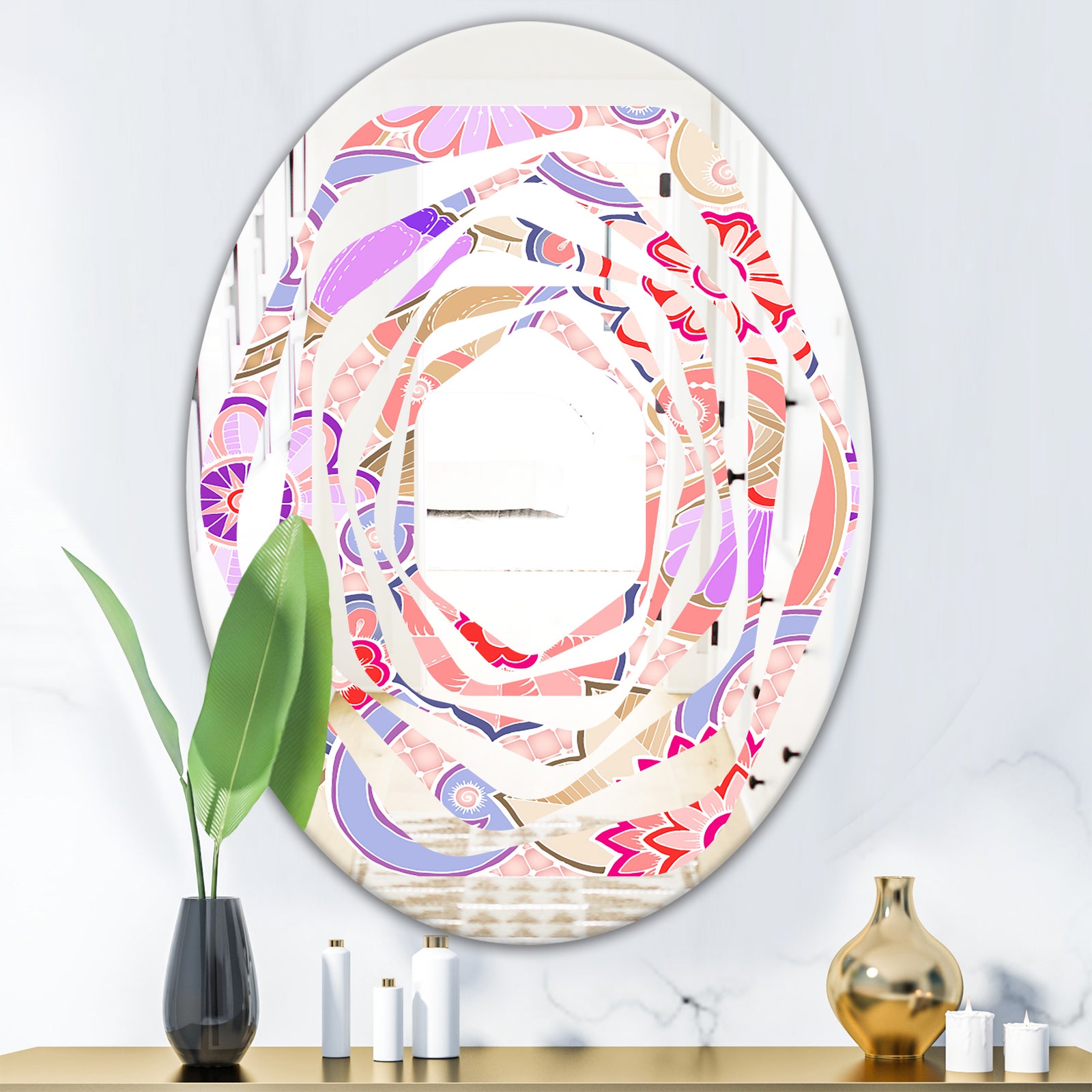 Floral Botanical Retro XIII - Modern Round or Oval Wall Mirror - Whirl